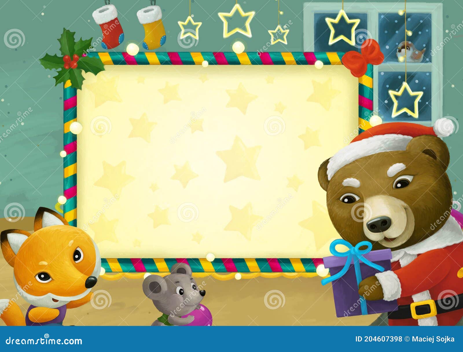 Cartoon Scene with Christmas Room and Frame Illustration Stock ...