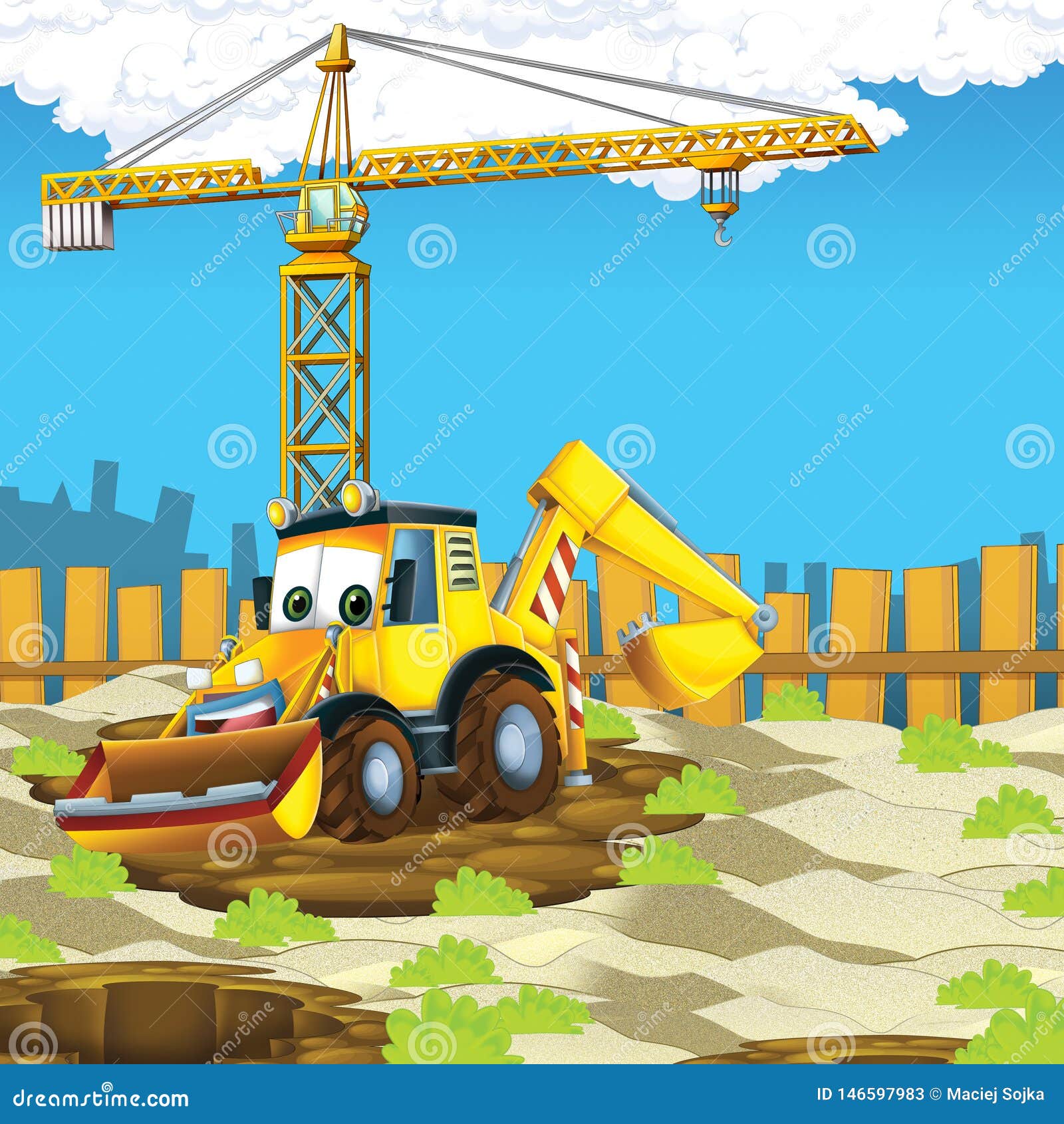 Cartoon Scene with Digger Excavator or Loader on Construction Site Stock Illustration