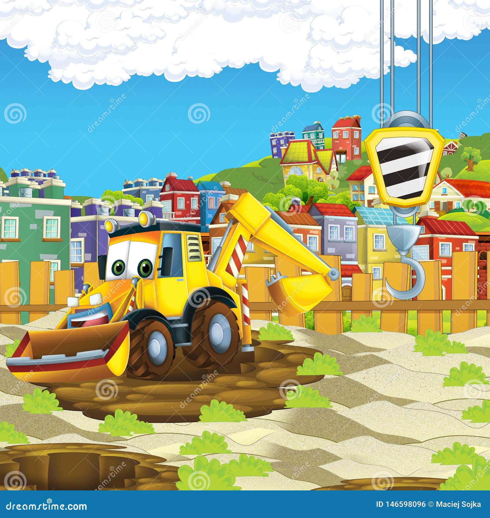 Cartoon Scene with Digger Excavator or Loader on Construction Site Stock Illustration