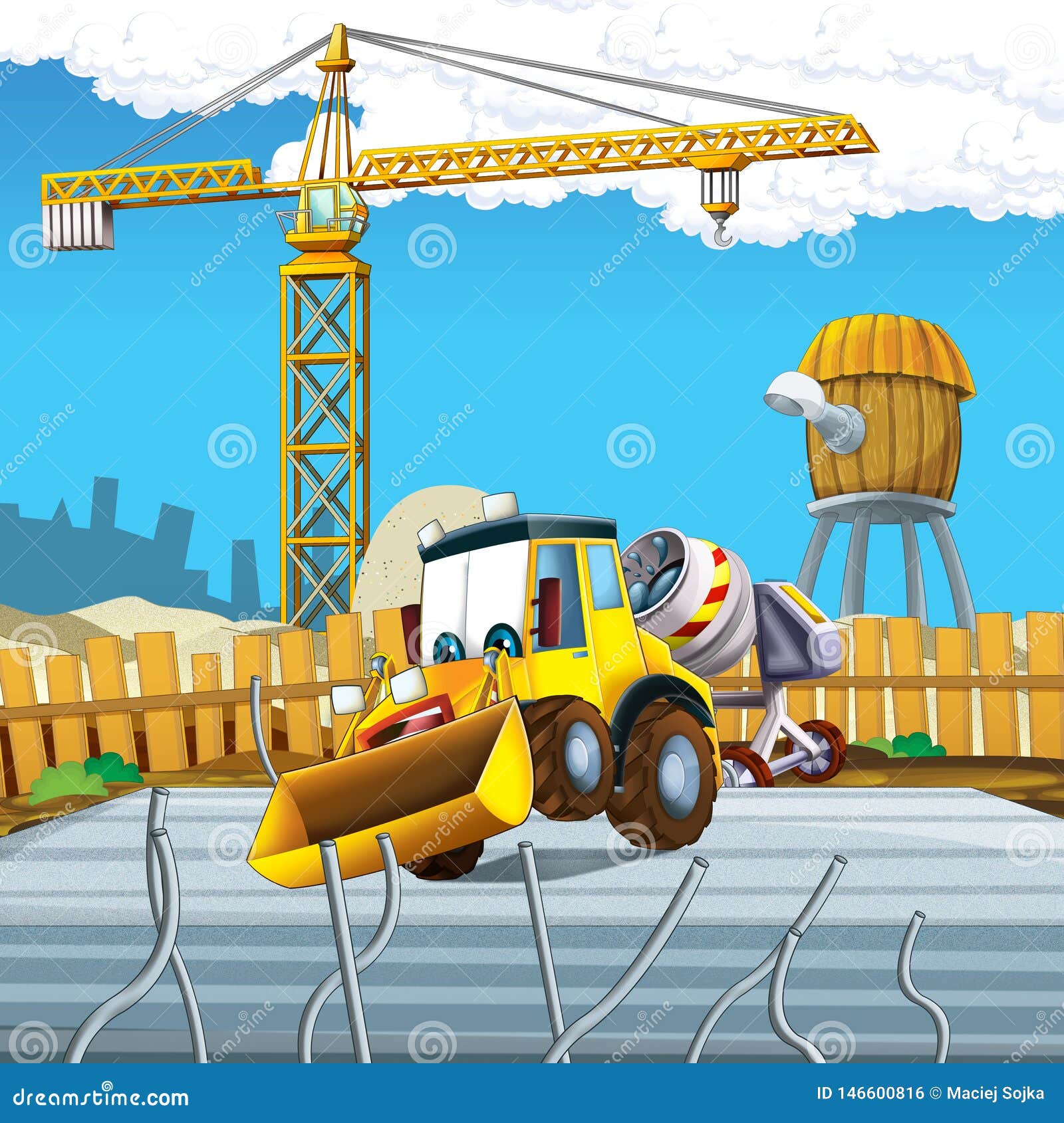 Cartoon Scene with Digger Excavator or Loader on Construction Site Stock Illustration
