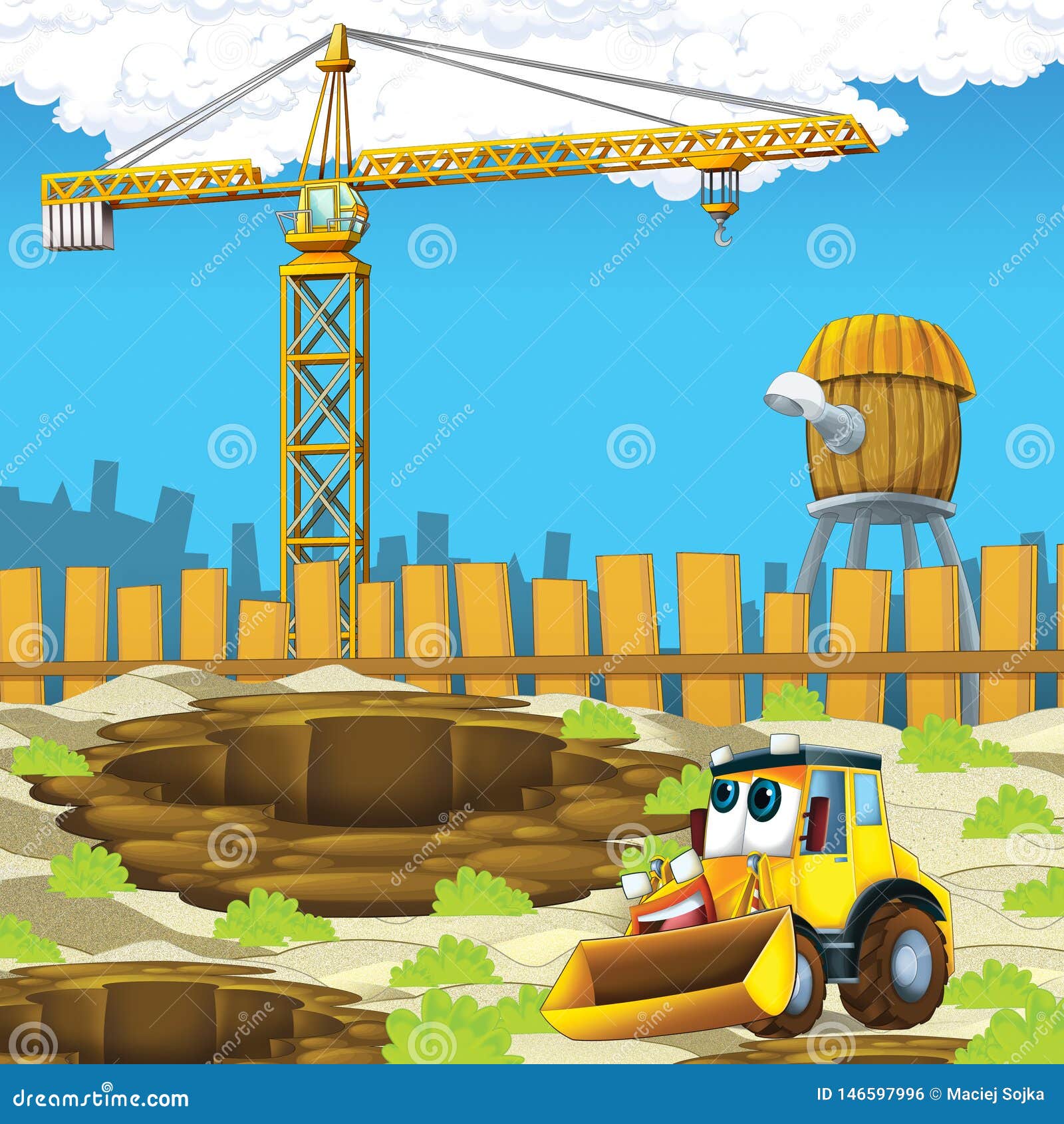 Cartoon Scene with Digger Excavator or Loader on Construction Site