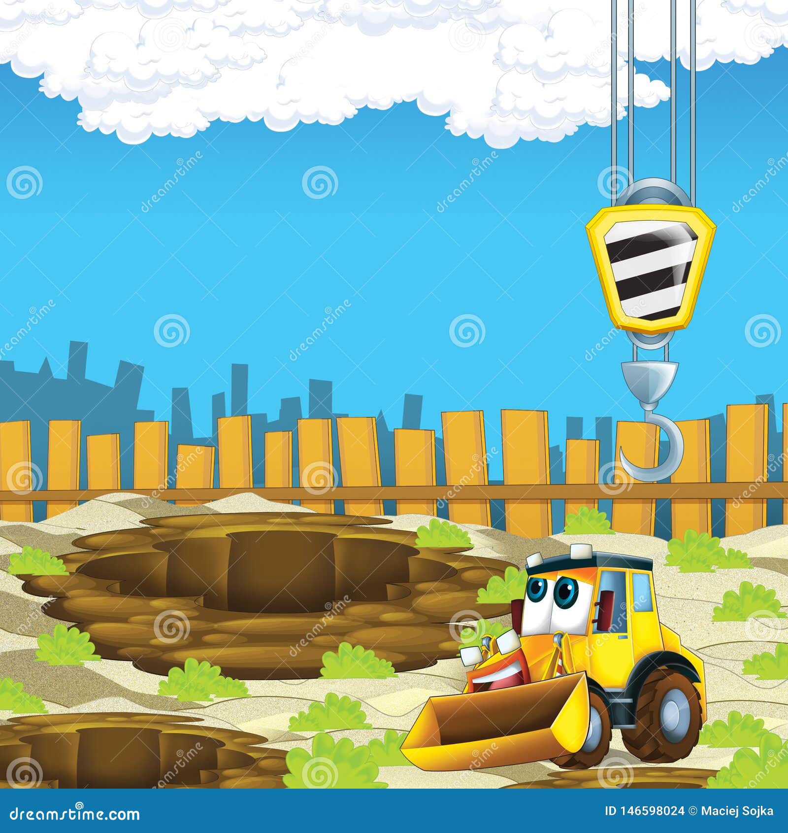 Cartoon Scene with Digger Excavator or Loader on Construction Site Stock Illustration