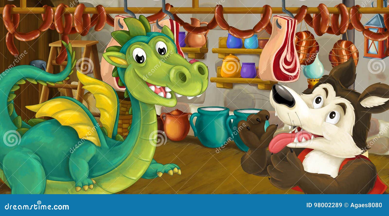 Cartoon Scene of Dragon and Wolf Stealing Food from the Basement Stock
