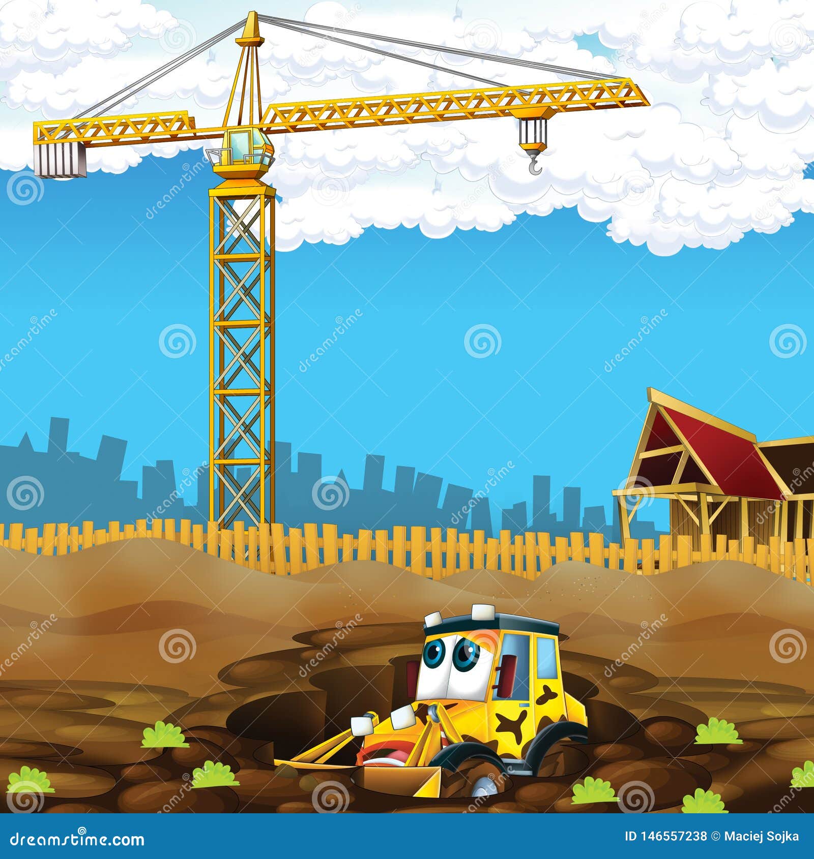 Cartoon Scene with Excavator Digger on the Street Near the Building on the  Construction Site - Illustration for Children Kids Stock Illustration -  Illustration of automotive, joyful: 146557238