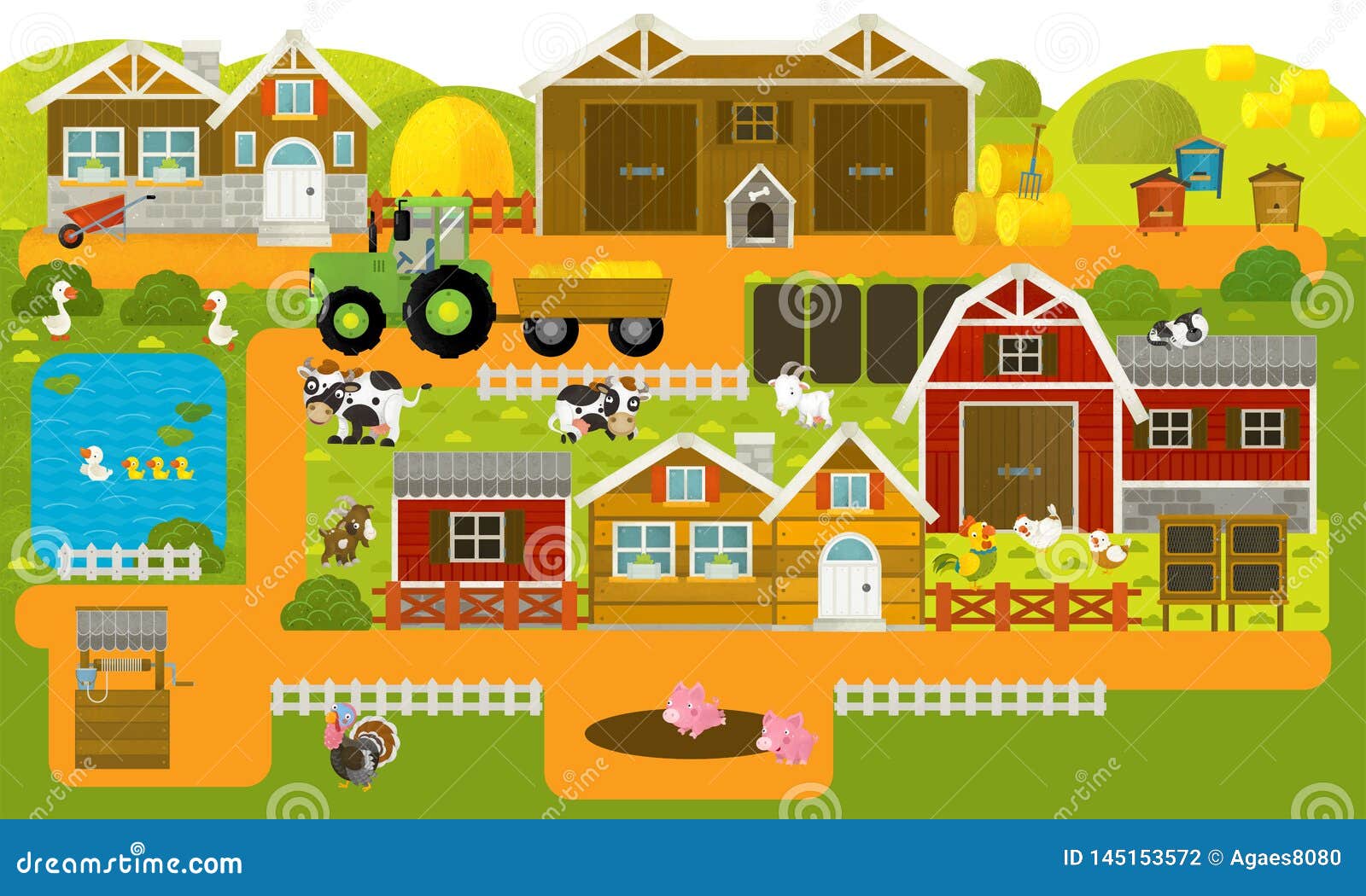 Cartoon Scene with Farm Village and Farm Animals - Illustration Stock