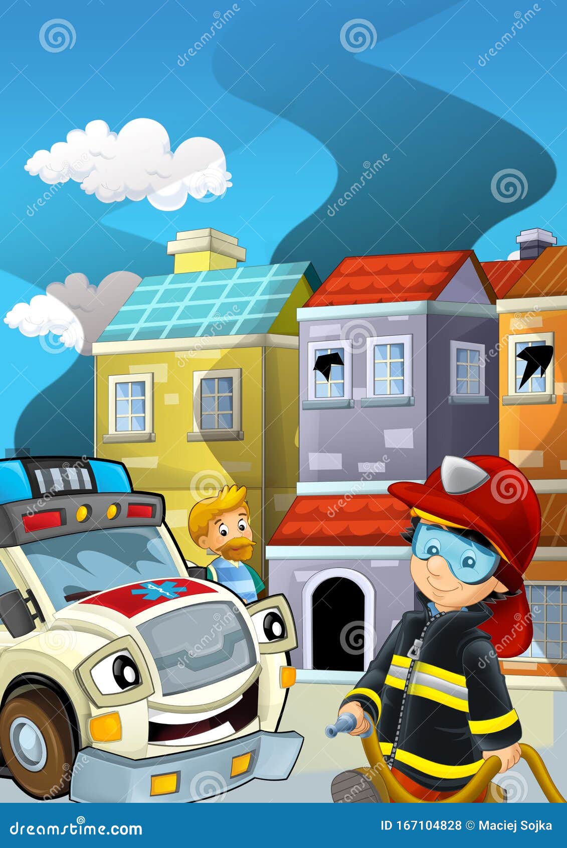 Cartoon Scene with Fire Fighter Machine Fireman Vehicle and Fireman Boy Putting  Out the Fire Burning Building Illustration Stock Illustration -  Illustration of burning, fire: 167104828