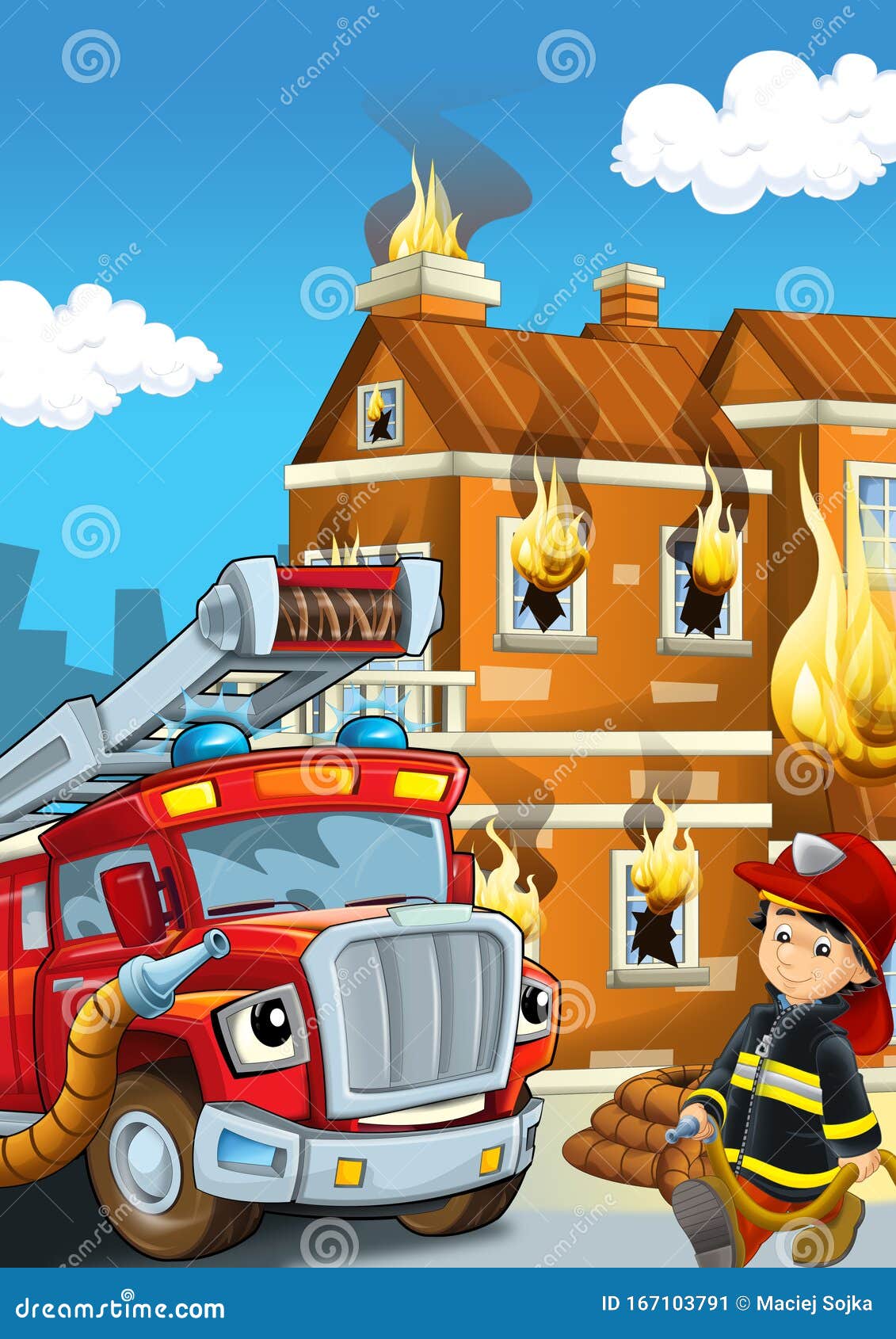 Cartoon Scene with Fire Fighter Machine Fireman Vehicle and Fireman Boy Putting  Out the Fire Burning Building Illustration Stock Illustration -  Illustration of beauty, duty: 167103791