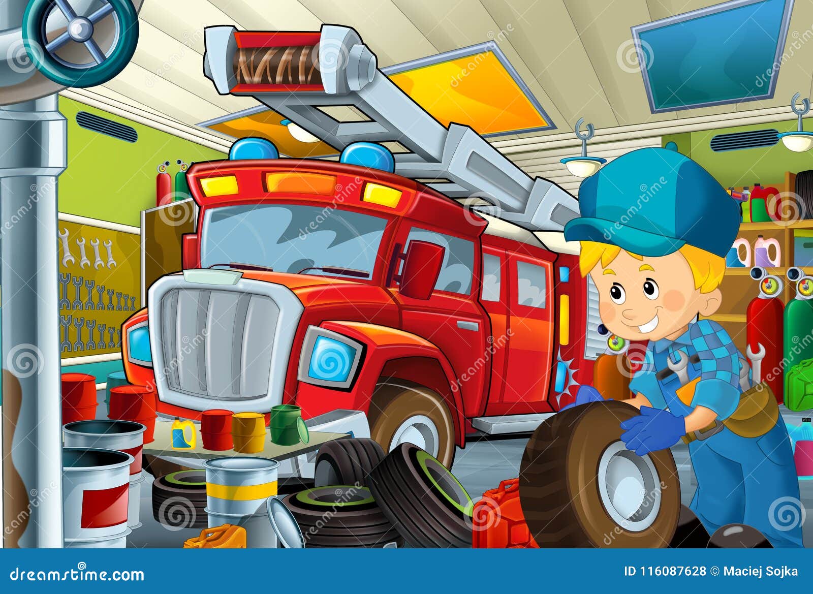 Cartoon Scene with Garage Mechanic Working Repearing Some Vehicle - Fireman Car - or Cleaning Work Place Stock Illustration - Illustration of cleaning, cheerful: 116087628 Cartoon Scene with Garage Mechanic Working Repearing Some Vehicle - Fireman Car - or Cleaning Work Place Stock Illustration - Illustration of cleaning, cheerful: 116087628