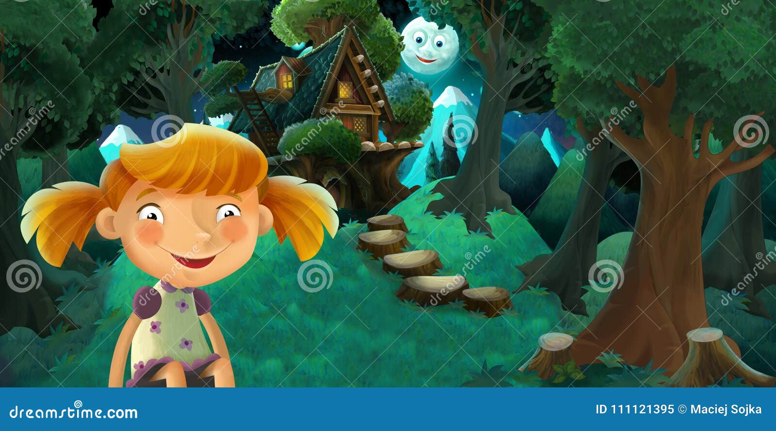 Cartoon Scene with Girl Resting in the Beautiful Forest Near Old Beatiful  House - Romantic Night Stock Illustration - Illustration of friendship,  house: 111121395