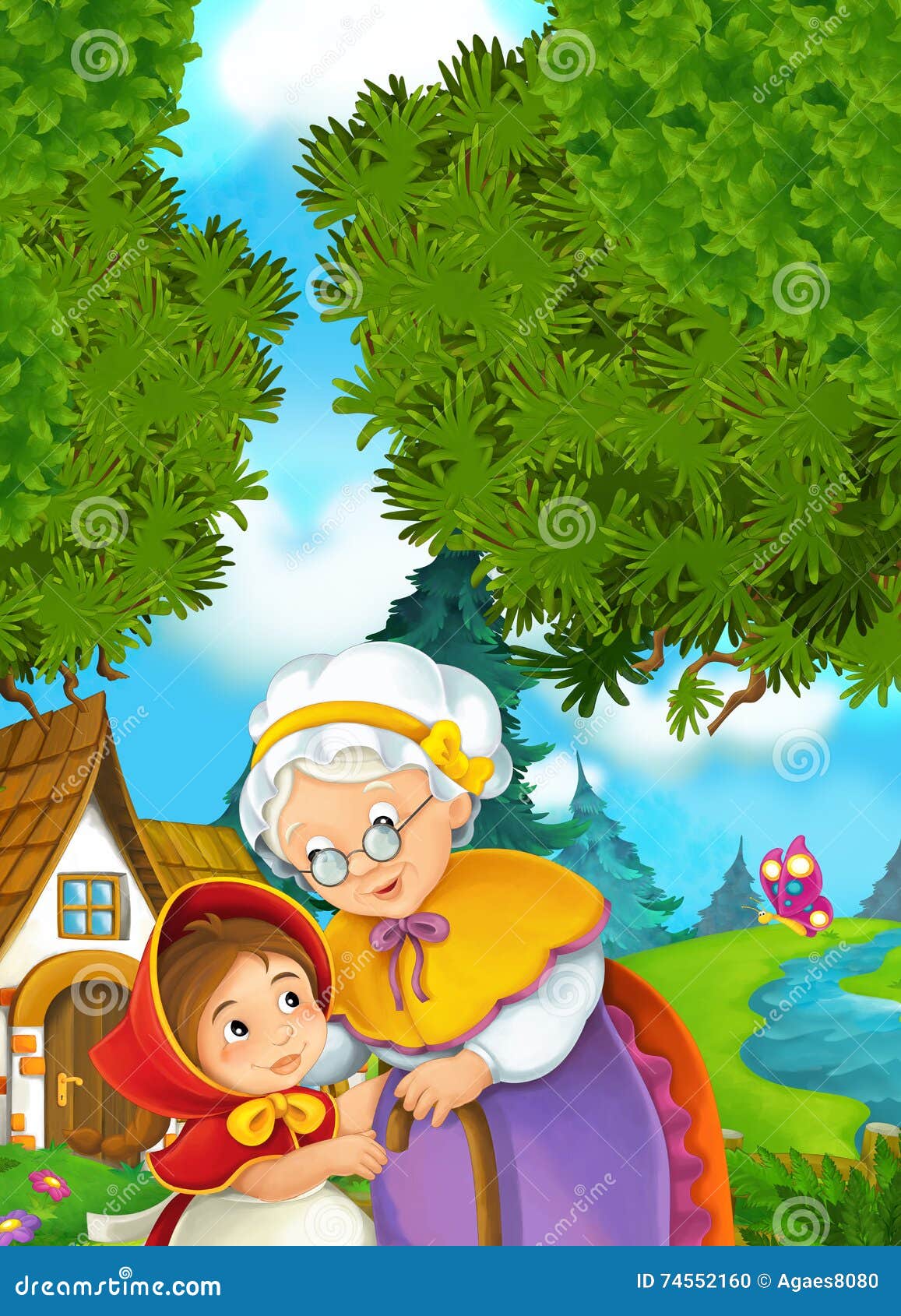 Cartoon Scene - Granddaughter and Grandmother Stock Illustration -  Illustration of conifer, beautiful: 74552160