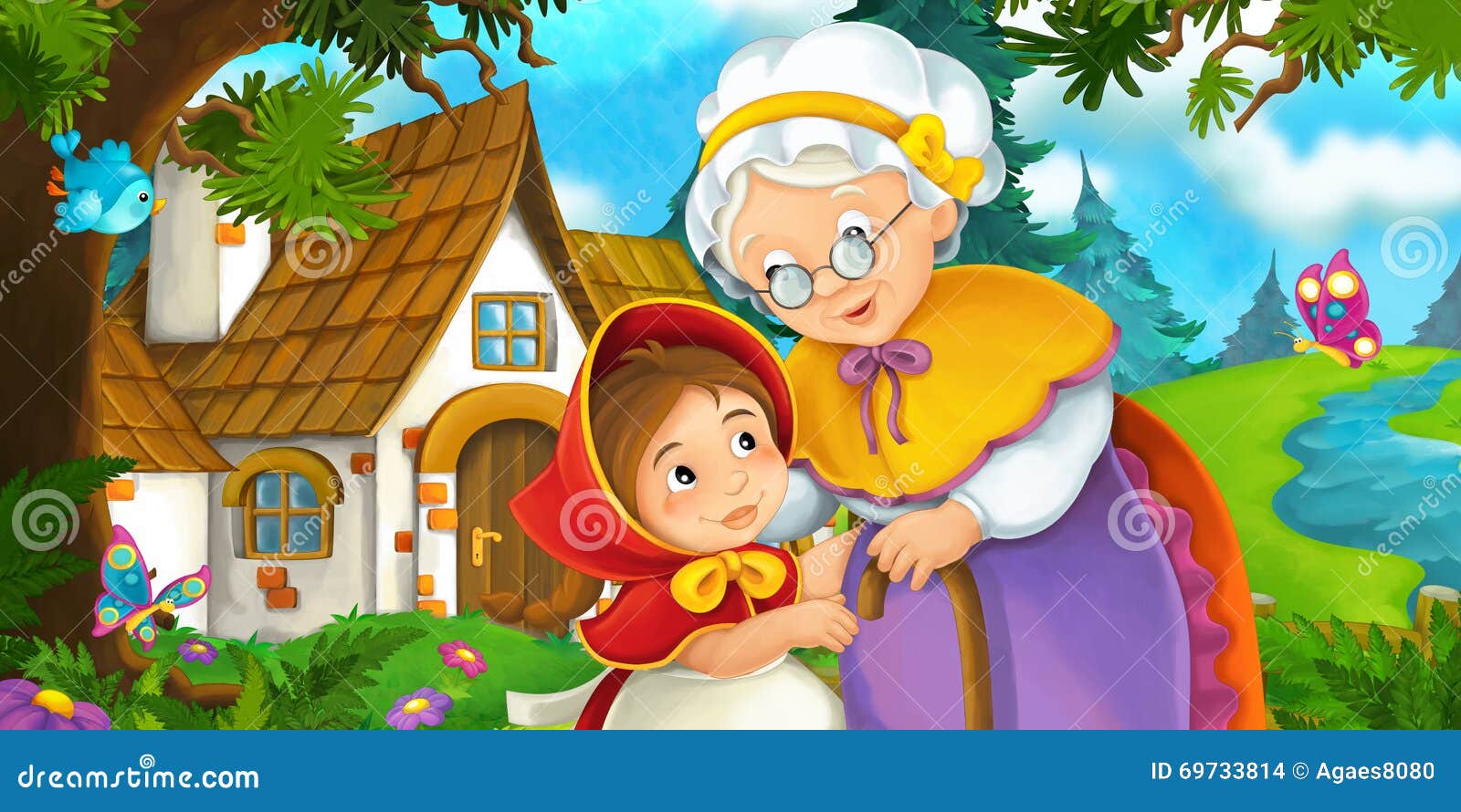 Cartoon Scene on a Granddaughter and Her Grandmother Standing by the Old  House Near the Forest Stock Illustration - Illustration of background,  grandma: 69733814