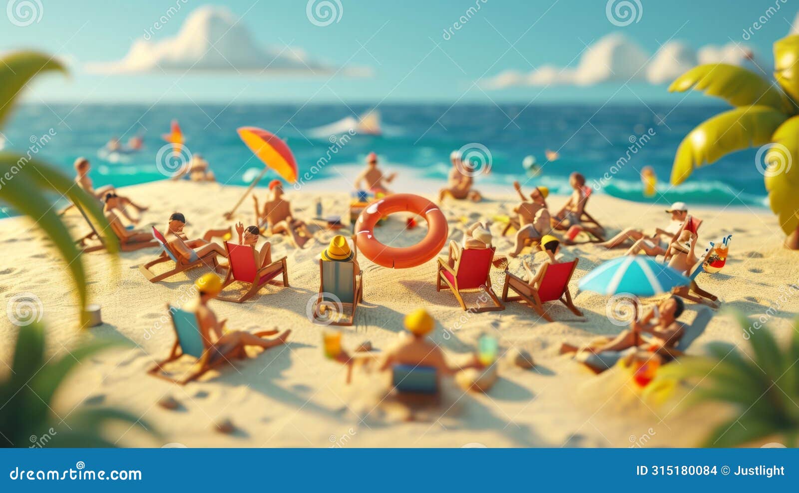 cartoon scene of a group of lilliputian sunbathers trying to fit their tiny beach chairs into the sand only to comically