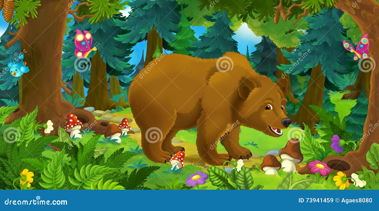 Cartoon Scene with Happy Bear Standing in the Forest Stock Illustration -  Illustration of mammal, colorful: 73941459