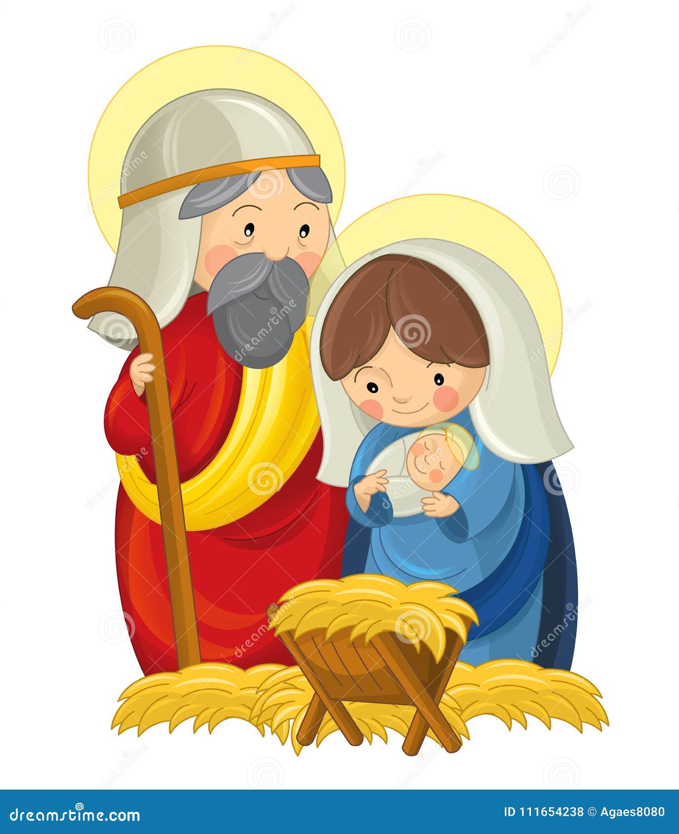 Cartoon Scene with Joseph and Mary with Jesus on White Background Stock ...