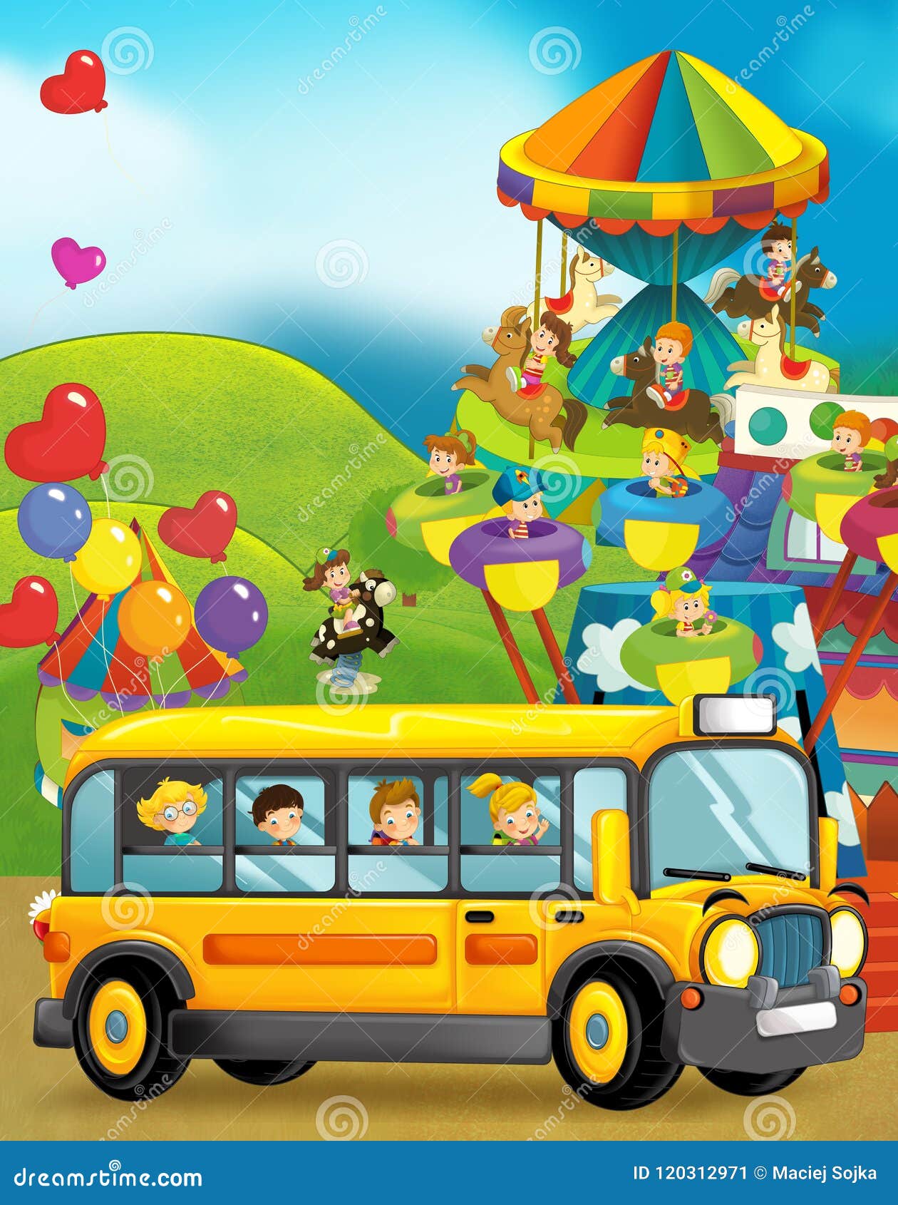 Cartoon Scene of Kids Playing in the Funfair and School Bus on the Trip  Stock Illustration - Illustration of playground, girl: 120312971