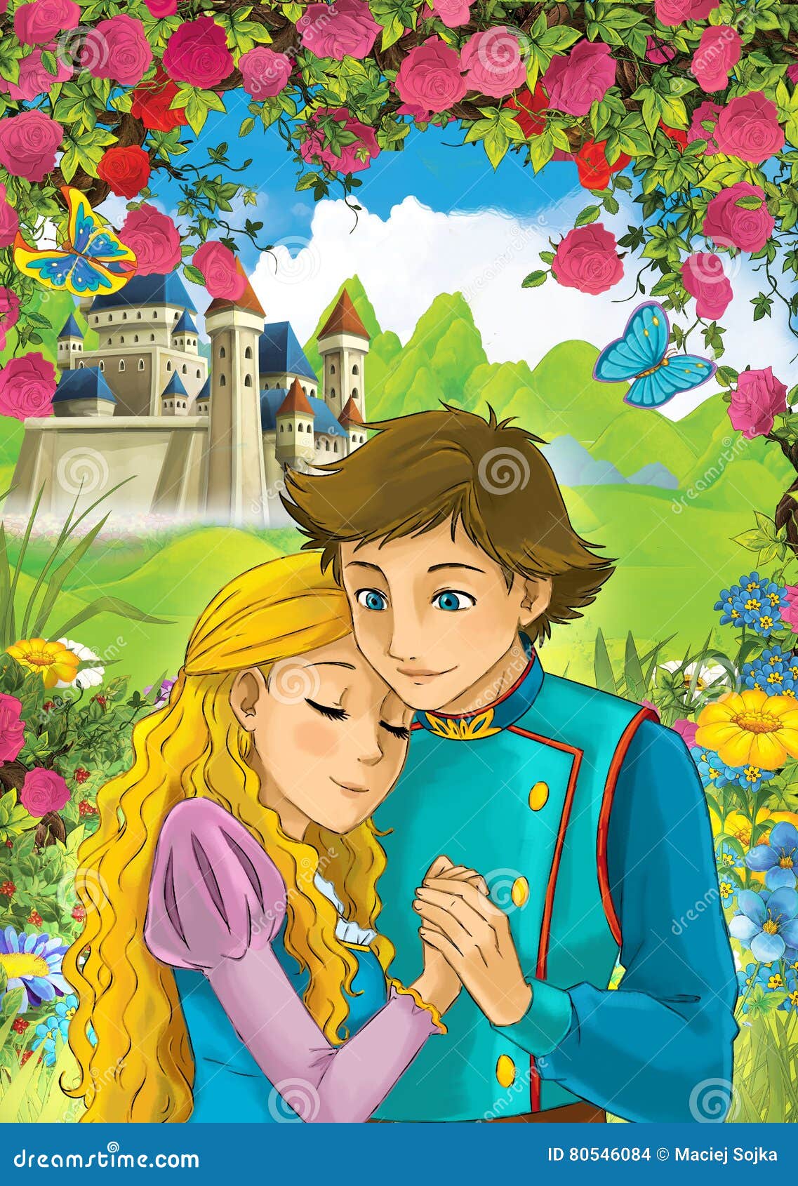 Cartoon Scene of Loving Couple - Prince and Princess - Castle in the  Background Stock Illustration - Illustration of affection, funny: 80546084