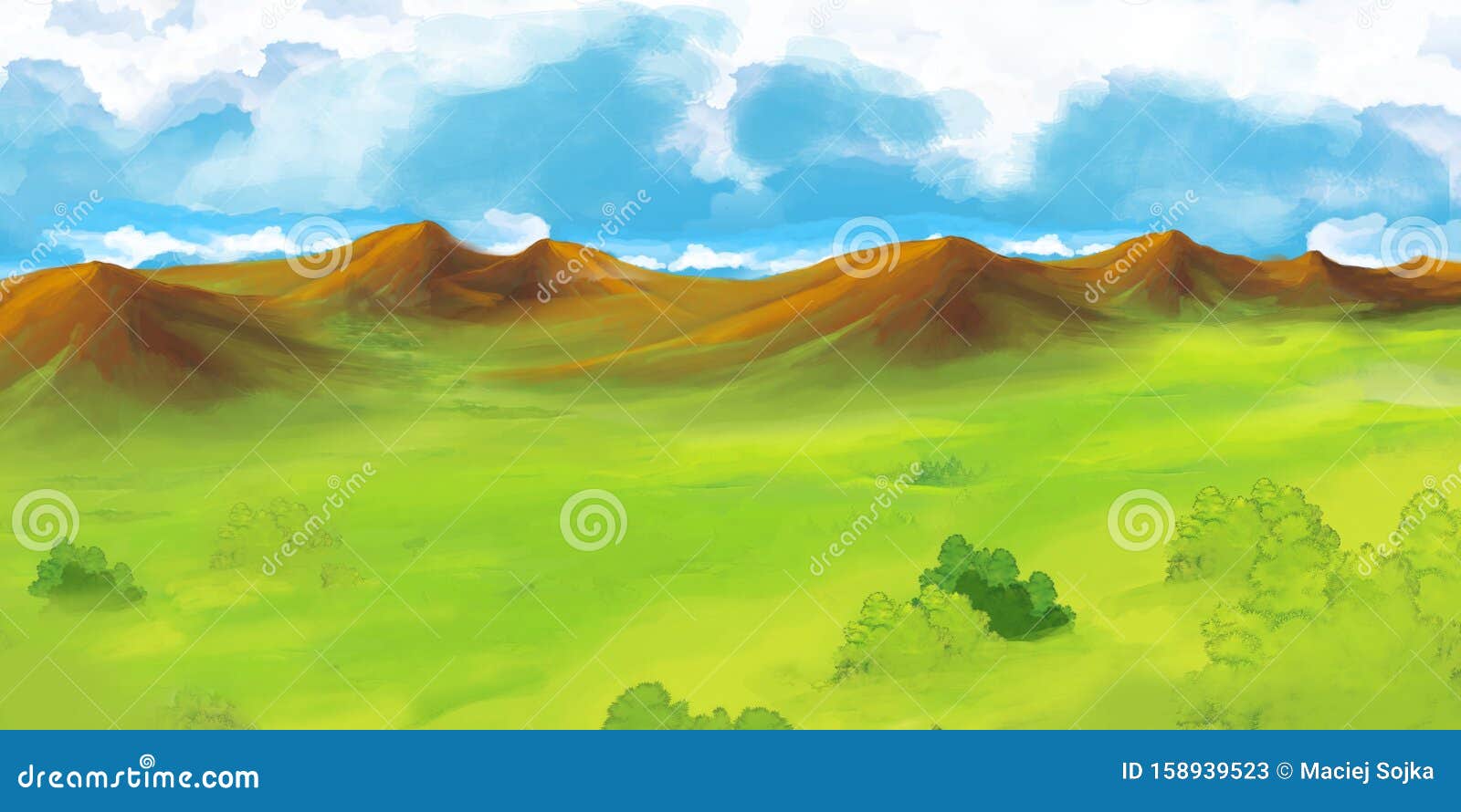 Cartoon Scene with Meadow or Valley and Mountains in the Background Stock  Illustration - Illustration of meadow, panorama: 158939523