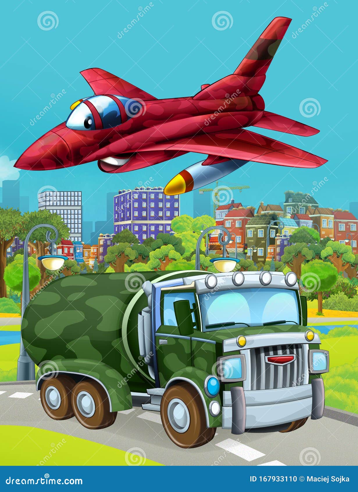 Cartoon Scene with Military Army Car Vehicle on the Road and Jet Plane  Flying Over Stock Photo - Image of driving, colorful: 167933110
