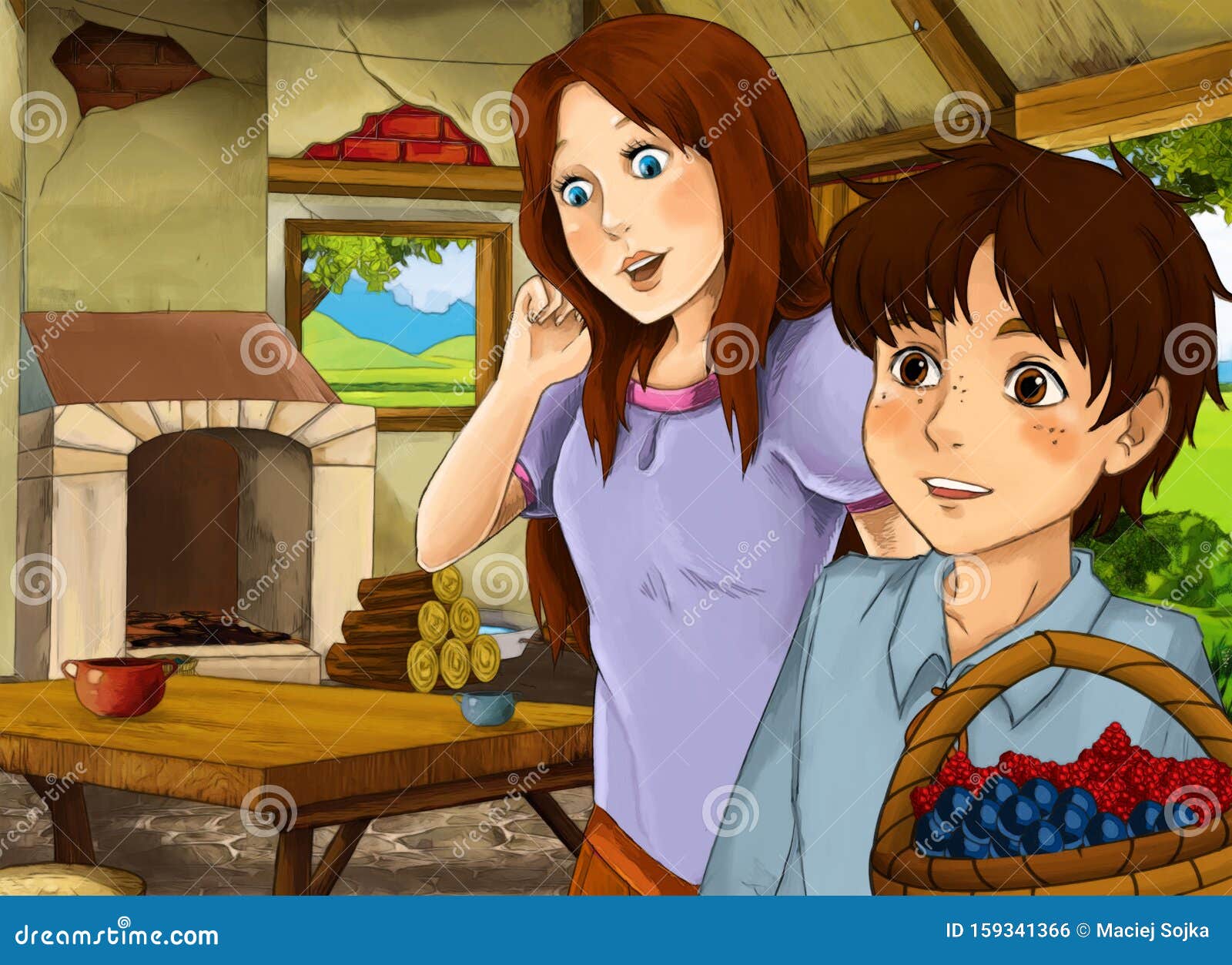 Cartoon Scene with Old Kitchen in Farm House with Happy Woman and Girl and  Boy and Father Stock Illustration - Illustration of furnace, children:  159341366
