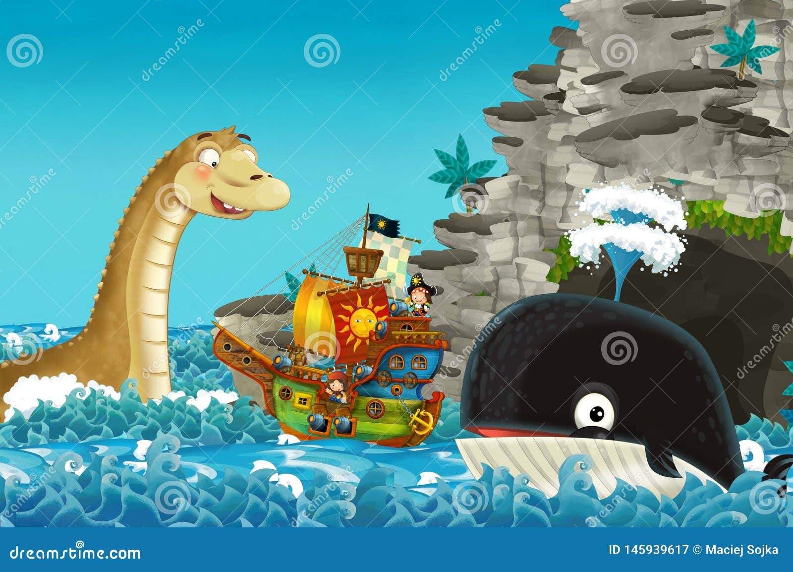 Cartoon Scene with Pirate Ship Sailing through the Seas Encountering Sea Monster Stock Illustration - Illustration of drawing, animals: 145939617 Cartoon Scene with Pirate Ship Sailing through the Seas Encountering Sea Monster Stock Illustration - Illustration of drawing, animals: 145939617