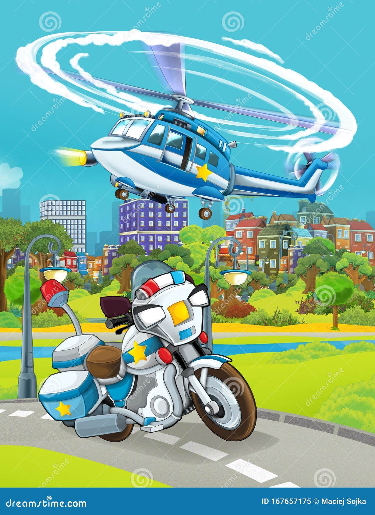 Cartoon Scene with Police Car Vehicle and Helicopter or Plane Working -  Illustration Stock Illustration - Illustration of brigade, beauty: 167657175