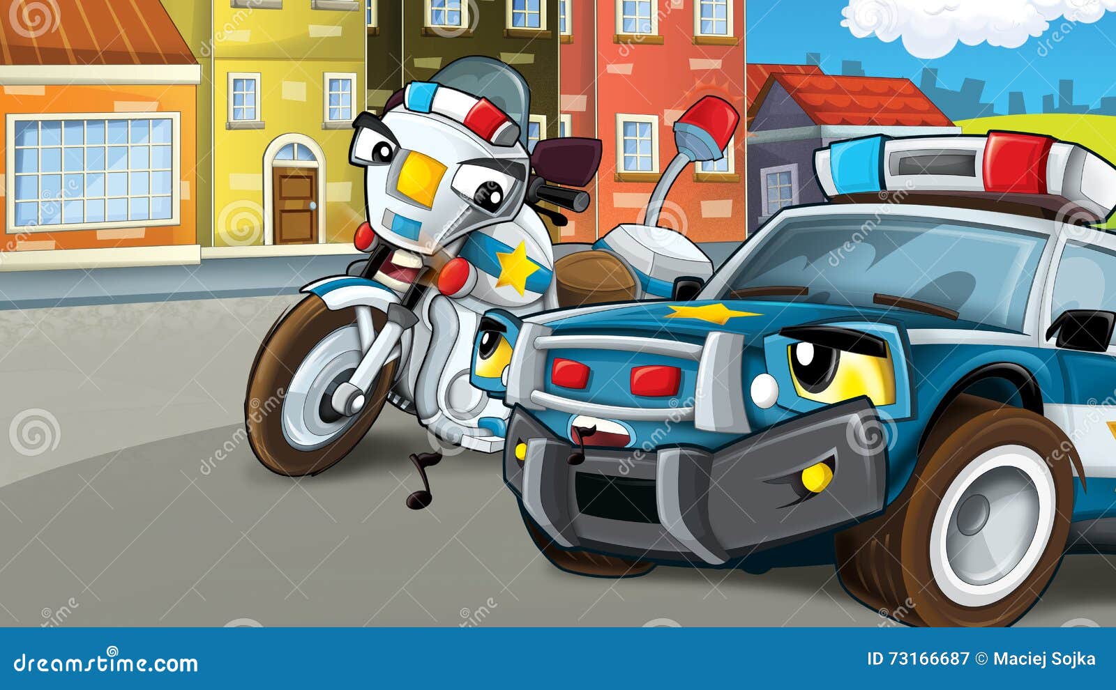Cartoon Scene of Police Officers Talking - Car and Motorbike Stock  Illustration - Illustration of architecture, motorbike: 73166687