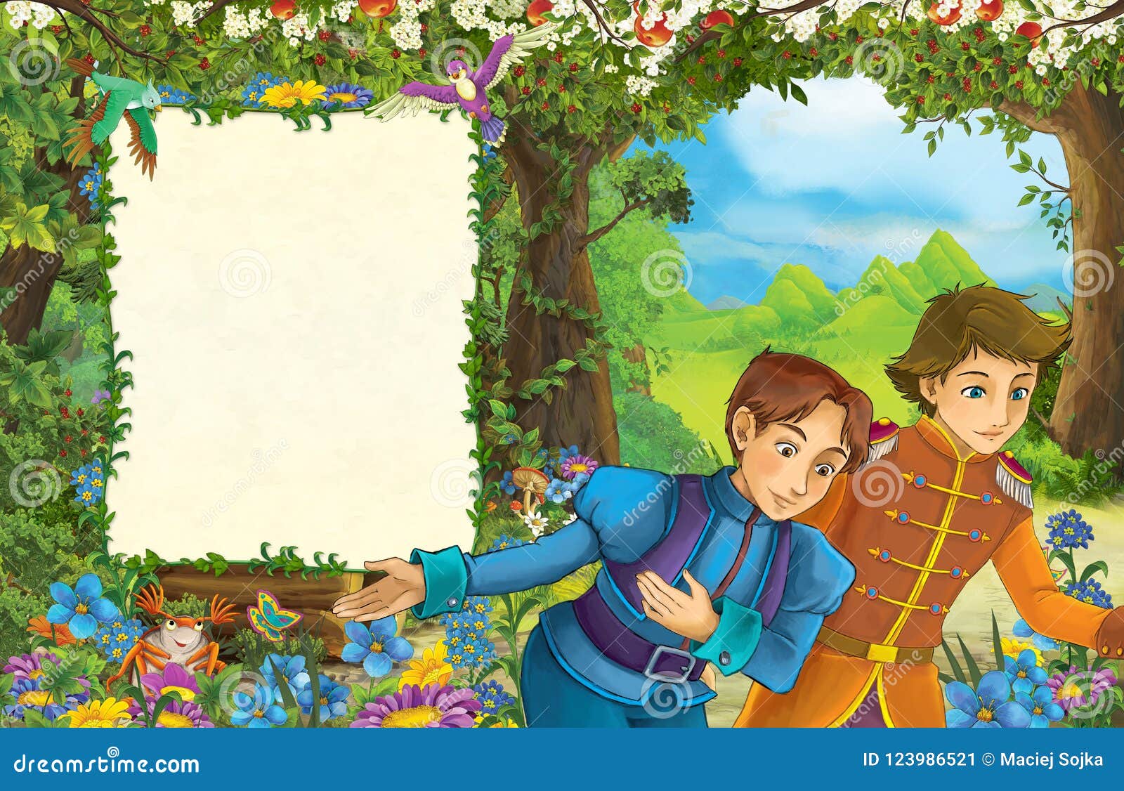 Cartoon Scene with Prince in the Forest - Title Page with Space for Text  Stock Illustration - Illustration of fable, colorful: 123986521