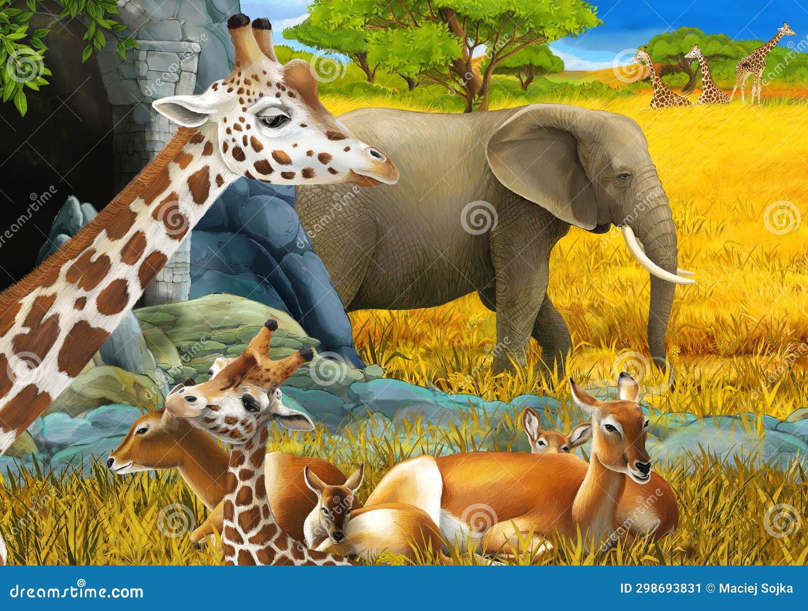 Cartoon Scene With Safari Animals Giraffe And Elephant On The Meadow