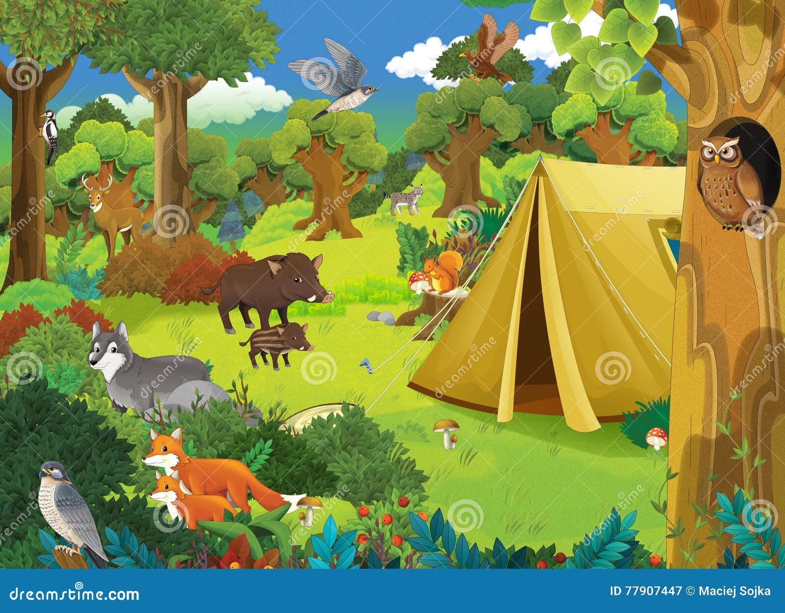 Animals At Picnic In Forest Cartoon Vector | CartoonDealer.com #71578823