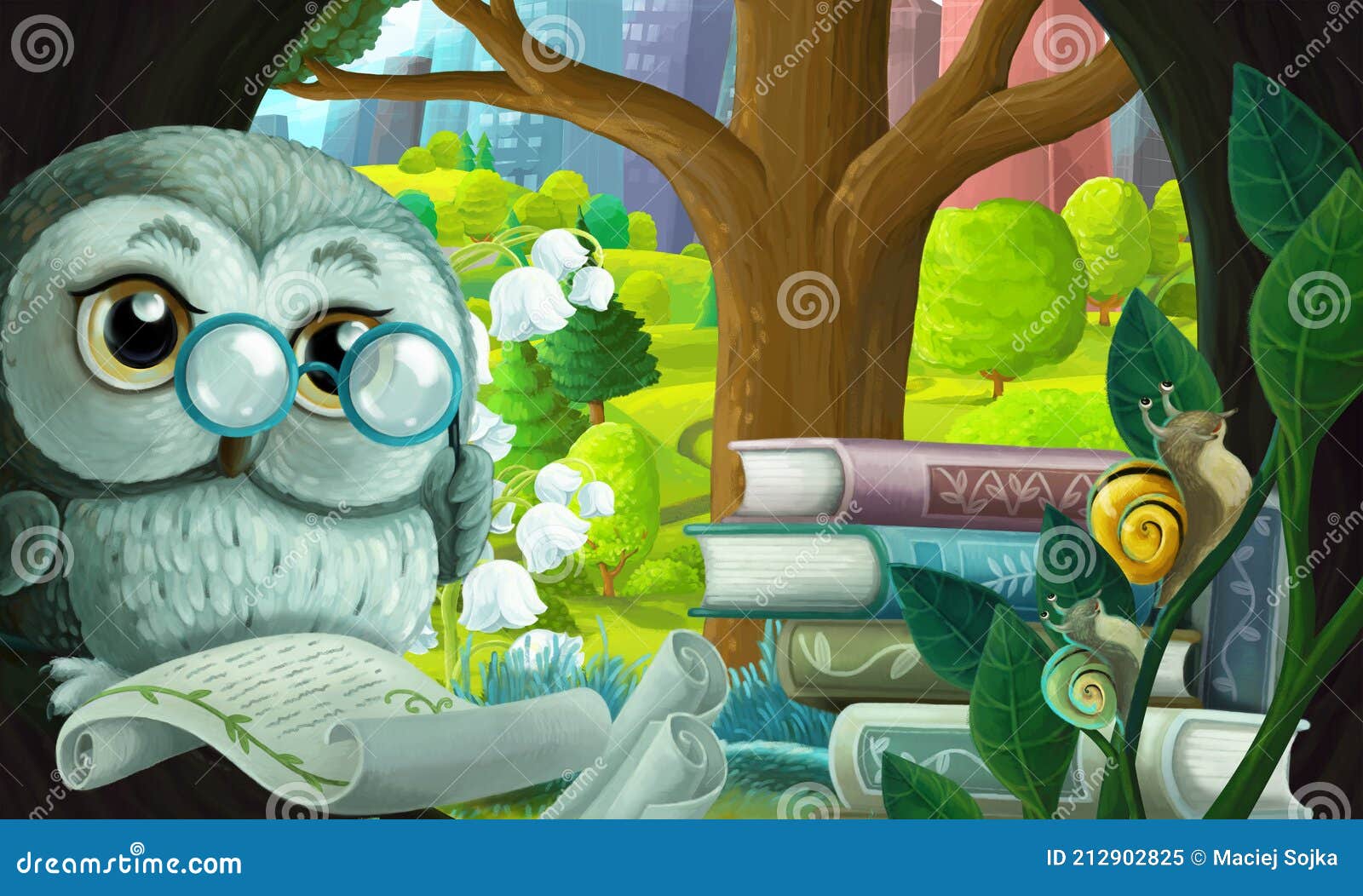 cartoon scene wise owl in tree with house books city