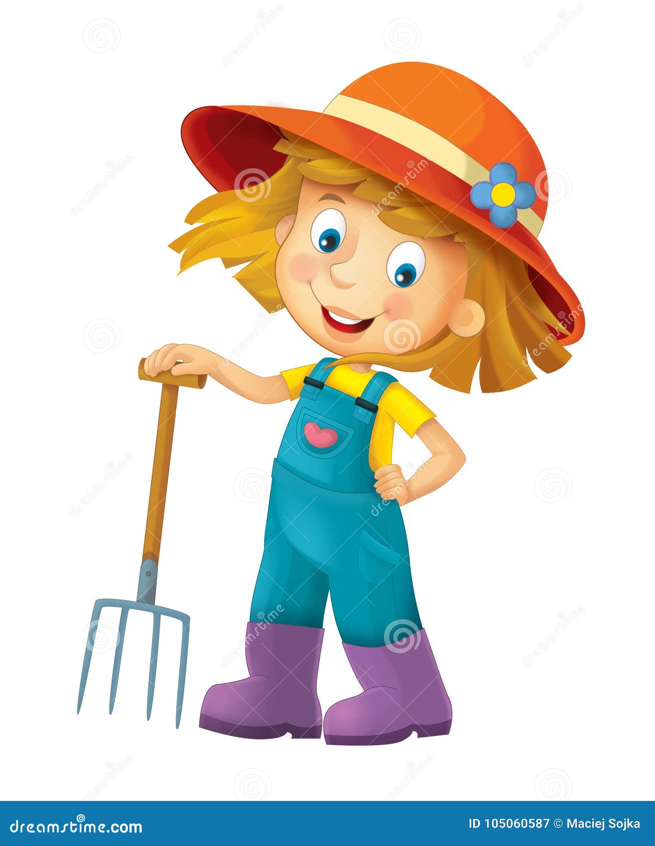 Cartoon Farm Girl Standing and Smiling with Farming Tool Stock ...