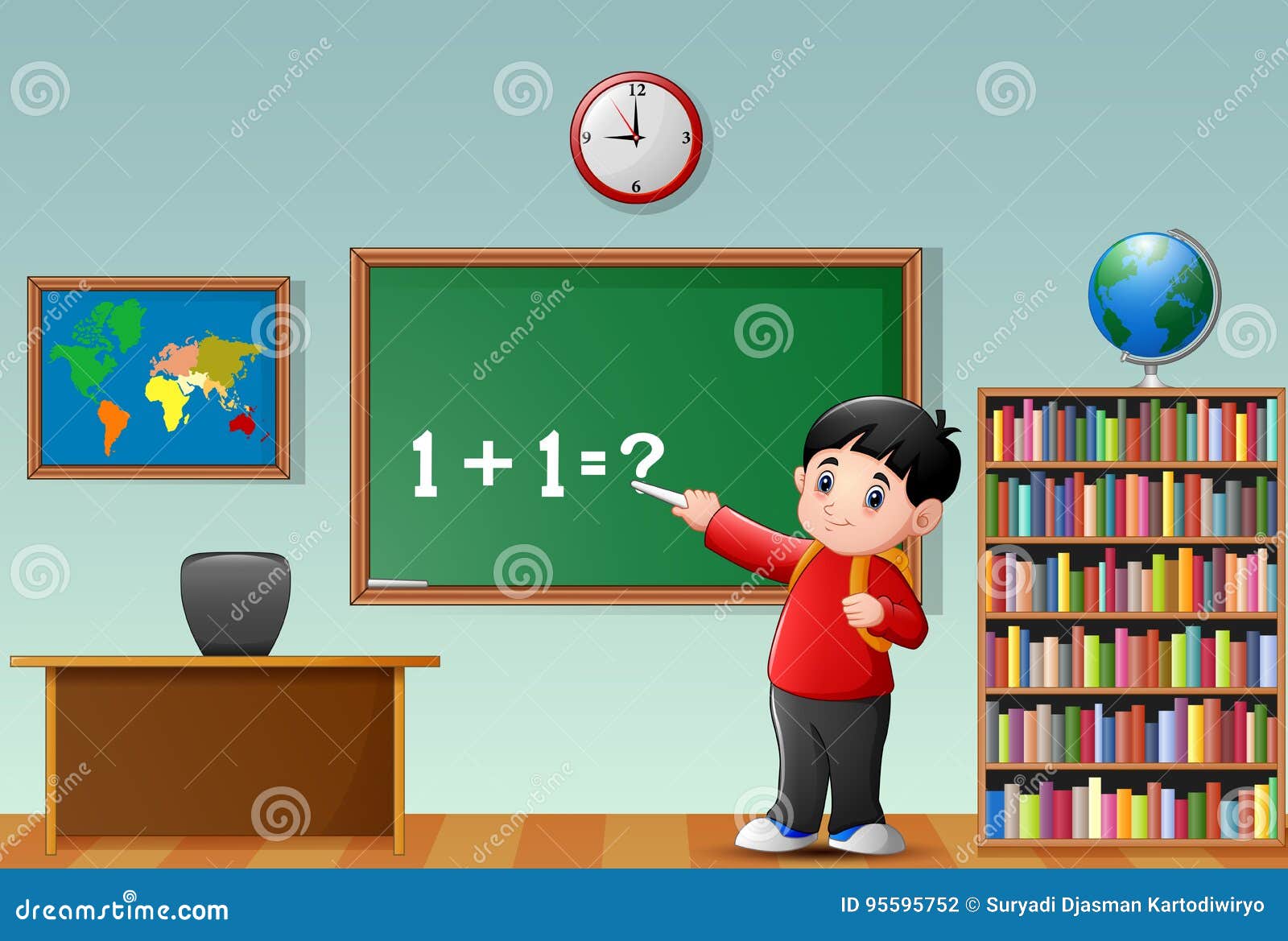 Cartoon School Boy at Blackboard in a Classroom Stock Vector