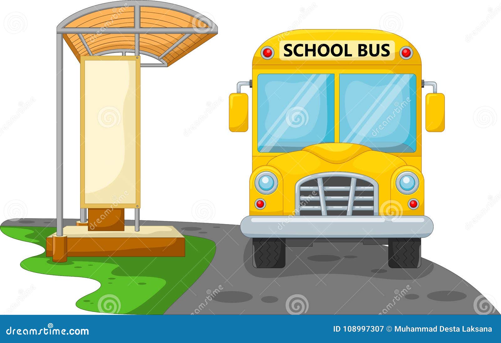 Cartoon School Bus with Bus Stop Stock Illustration - Illustration of  design, school: 108997307