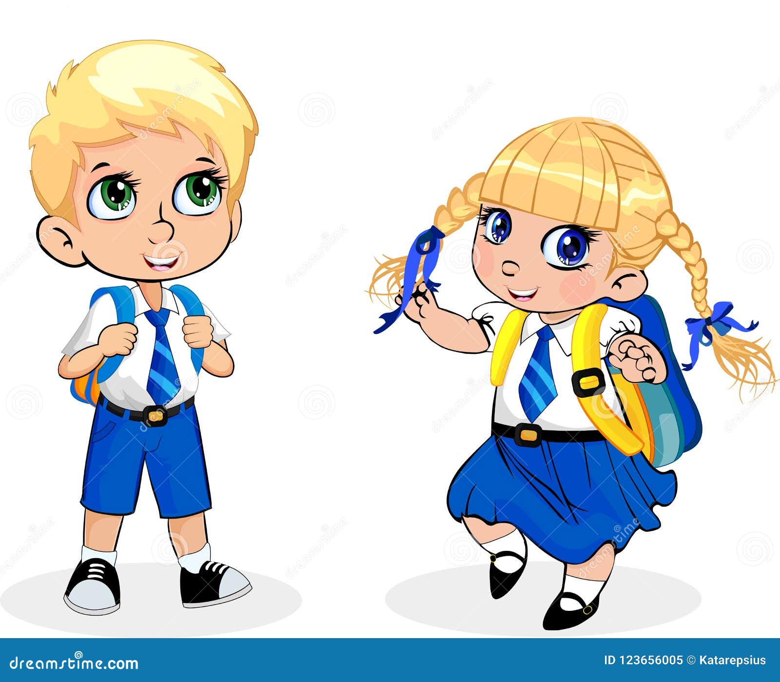 Cartoon School Girl And Boy Wearing Uniform With Backpack On White