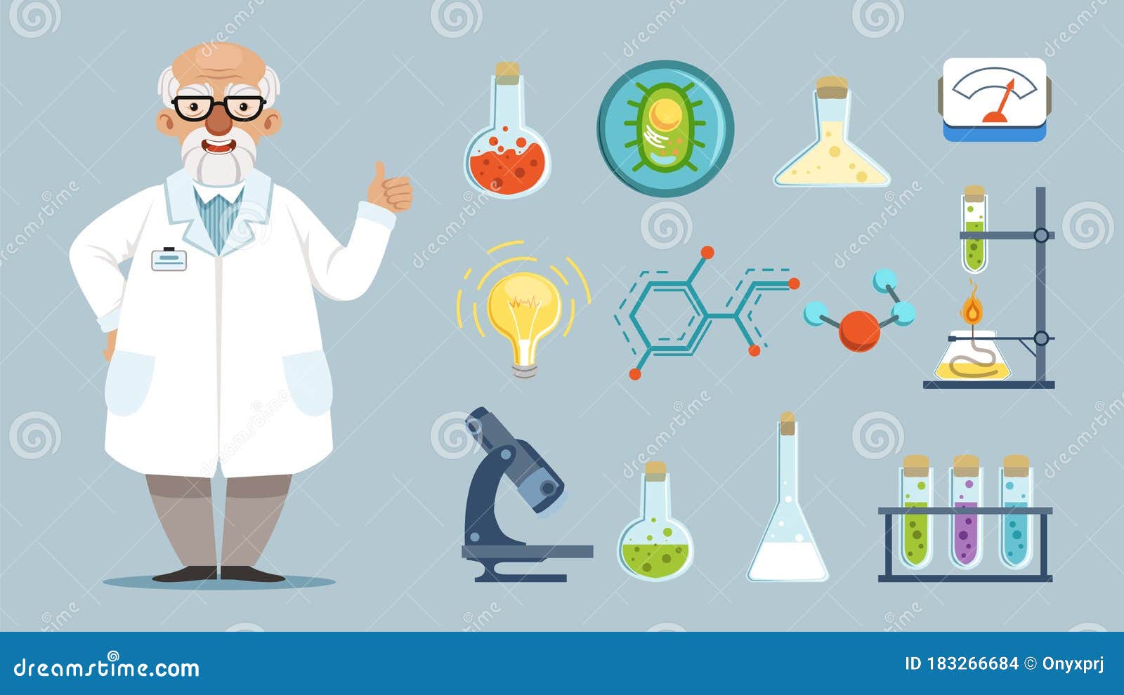 Cartoon Scientist. Elements of Chemical Laboratory, Equipment, Microscope  and Beakers Stock Vector - Illustration of graphic, holder: 183266684