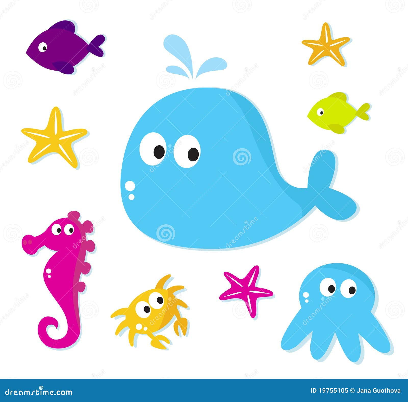 Cartoon Sea Animals Icons Isolated on White Stock Vector - Illustration of  drawing, aquatic: 19755105