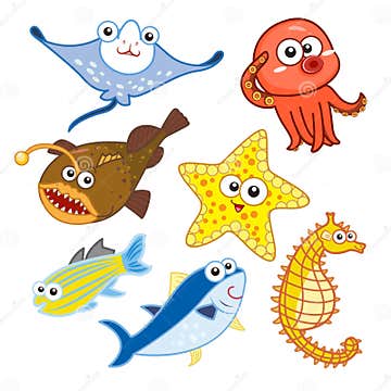 Cartoon Sea Animals Set with White Background Stock Vector ...