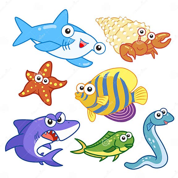 Cartoon Sea Animals Set with White Background Stock Vector ...