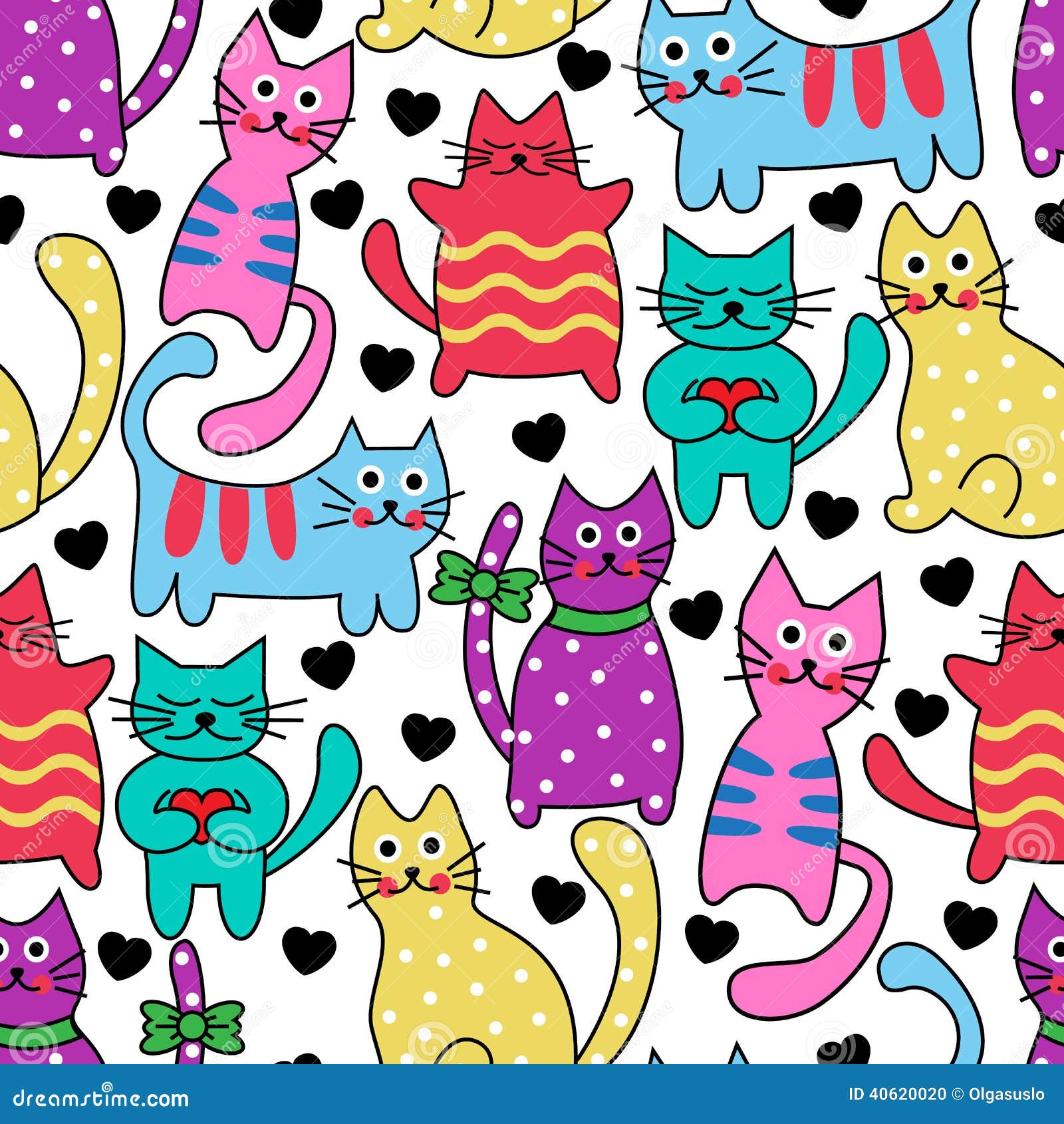 Cartoon Seamless Colorful Cats Stock Vector - Illustration of heart ...