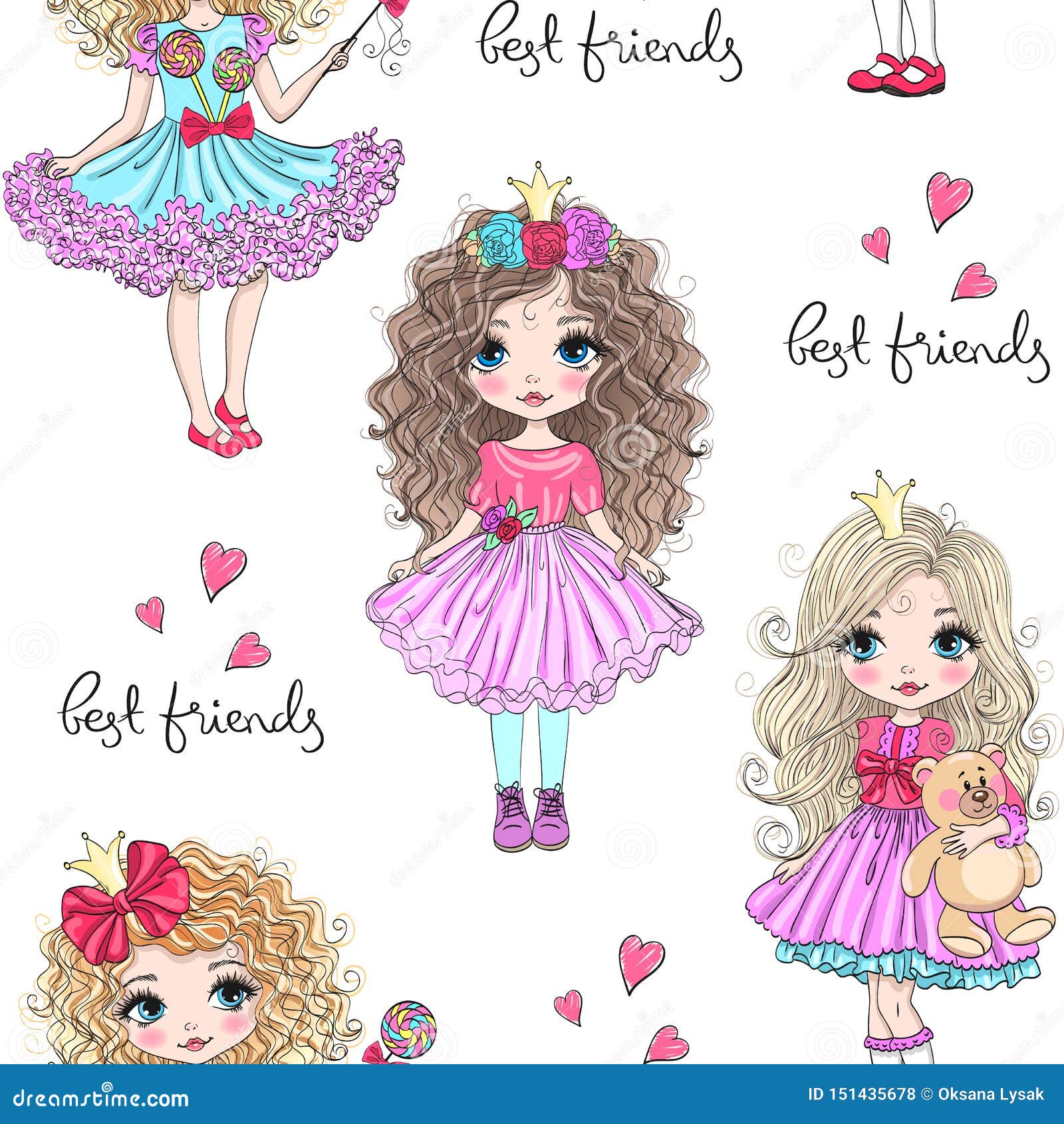 Cartoon Seamless Pattern with Hand Drawn Cute Little Princess Girls. Vector  Illustration Stock Vector - Illustration of dress, horn: 151435678