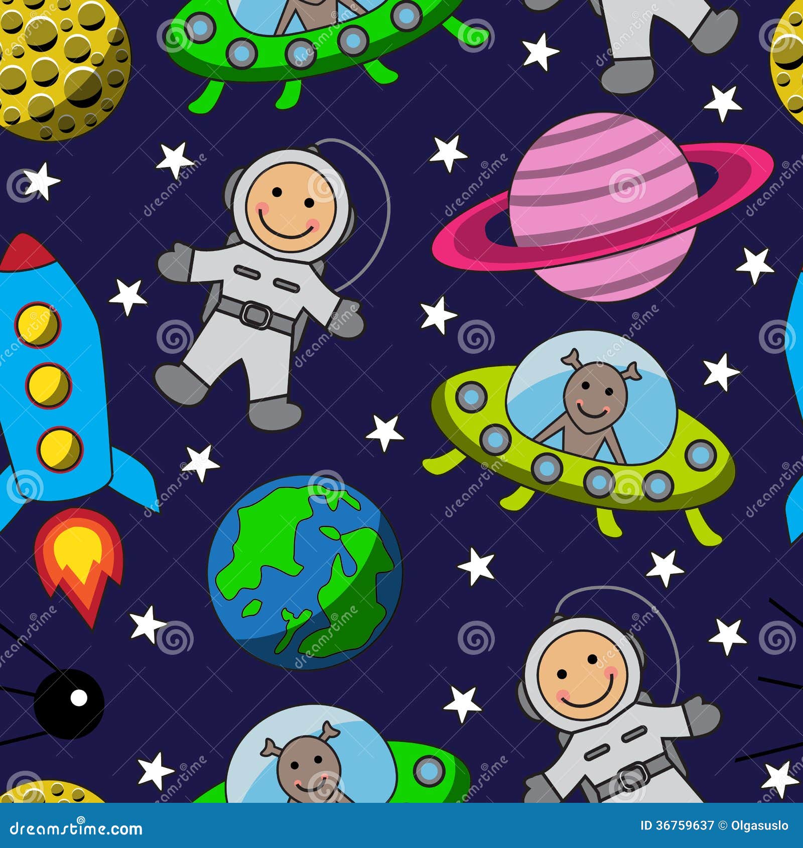 Seamless Space Pattern With Rockets, Planets, Stars, Scopes,moon ...