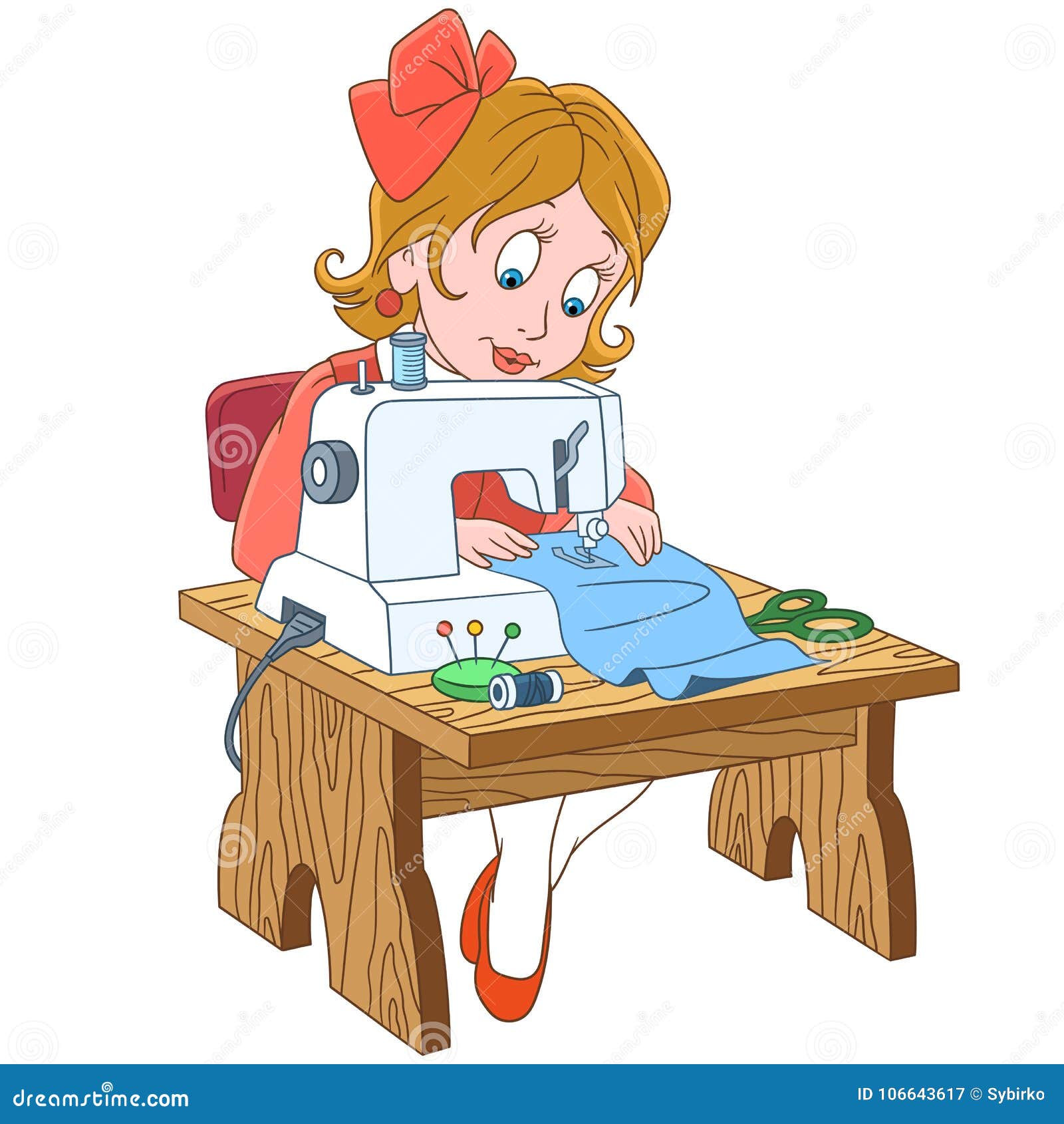 cartoon seamstress working on electric sewing machine