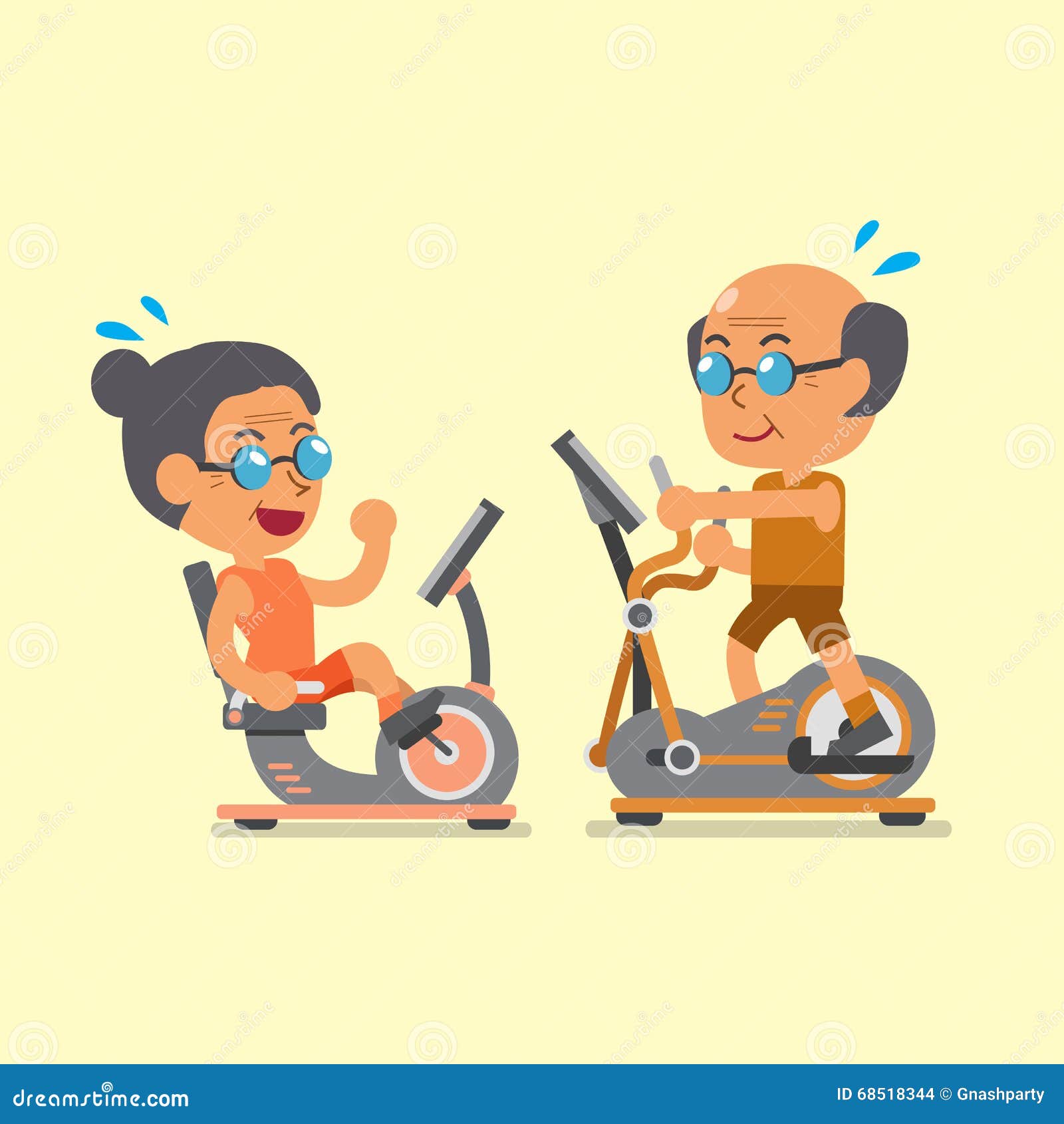 Cartoon Senior People Doing Exercise With Exercise Bike ...