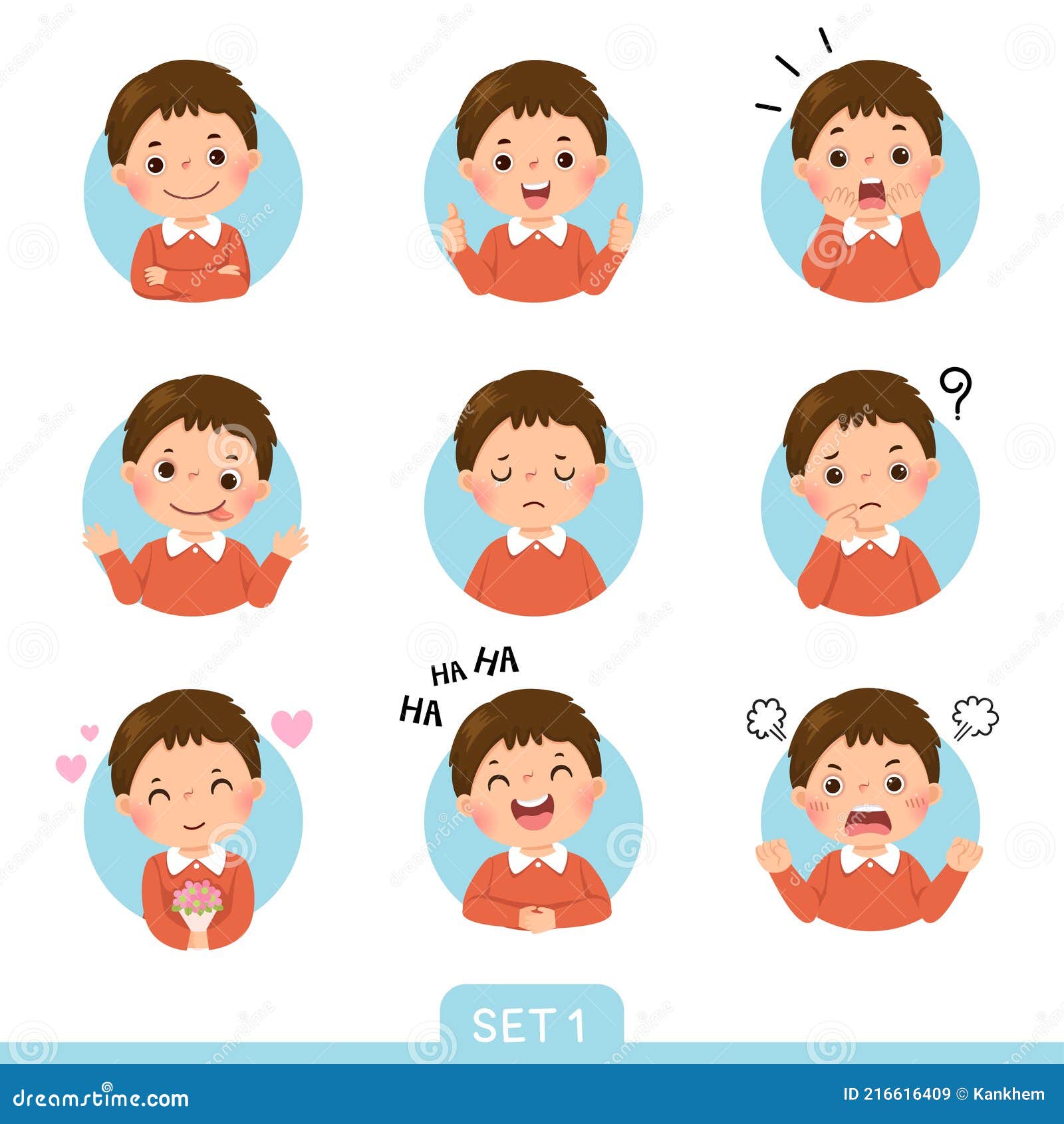 cartoon set of a little boy in different postures with various emotions. set 1 of 3