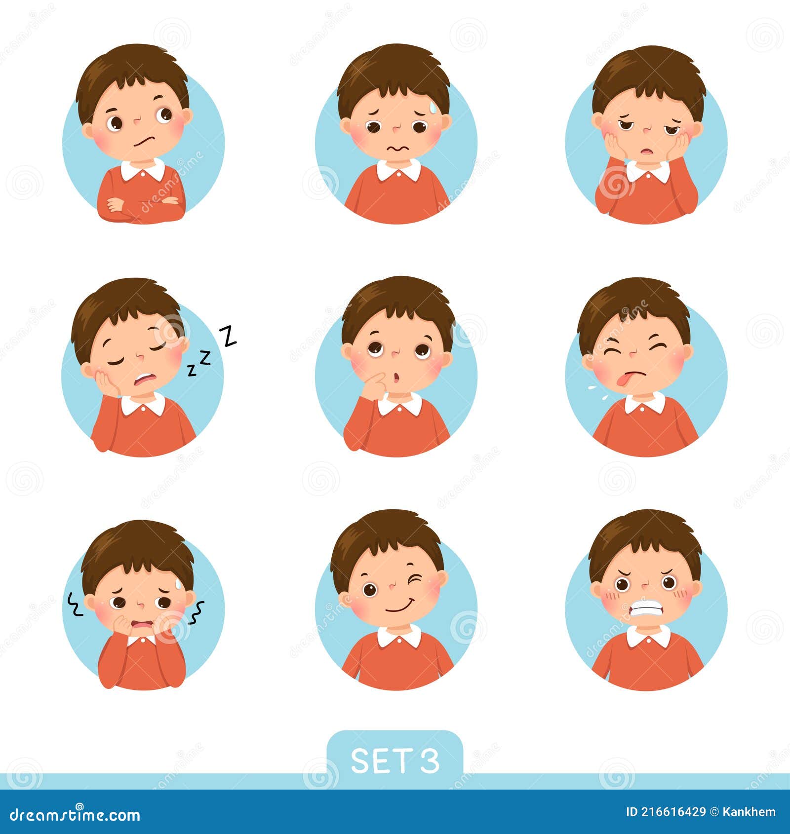 cartoon set of a little boy in different postures with various emotions. set 3 of 3