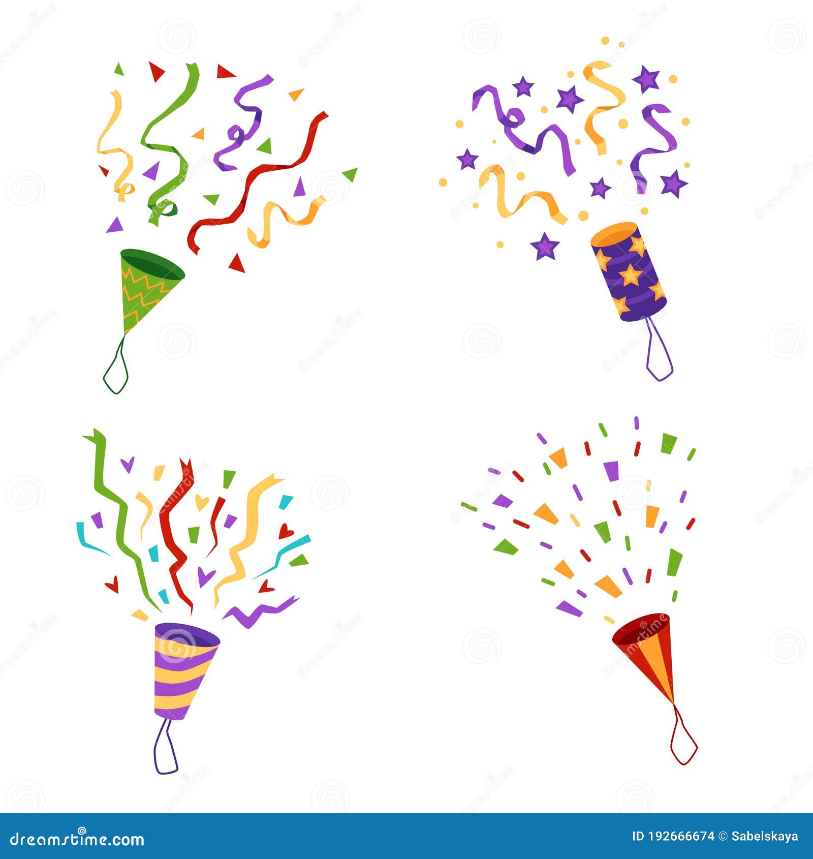 Cartoon Set of Party Cracker with Exploding Colorful Confetti and