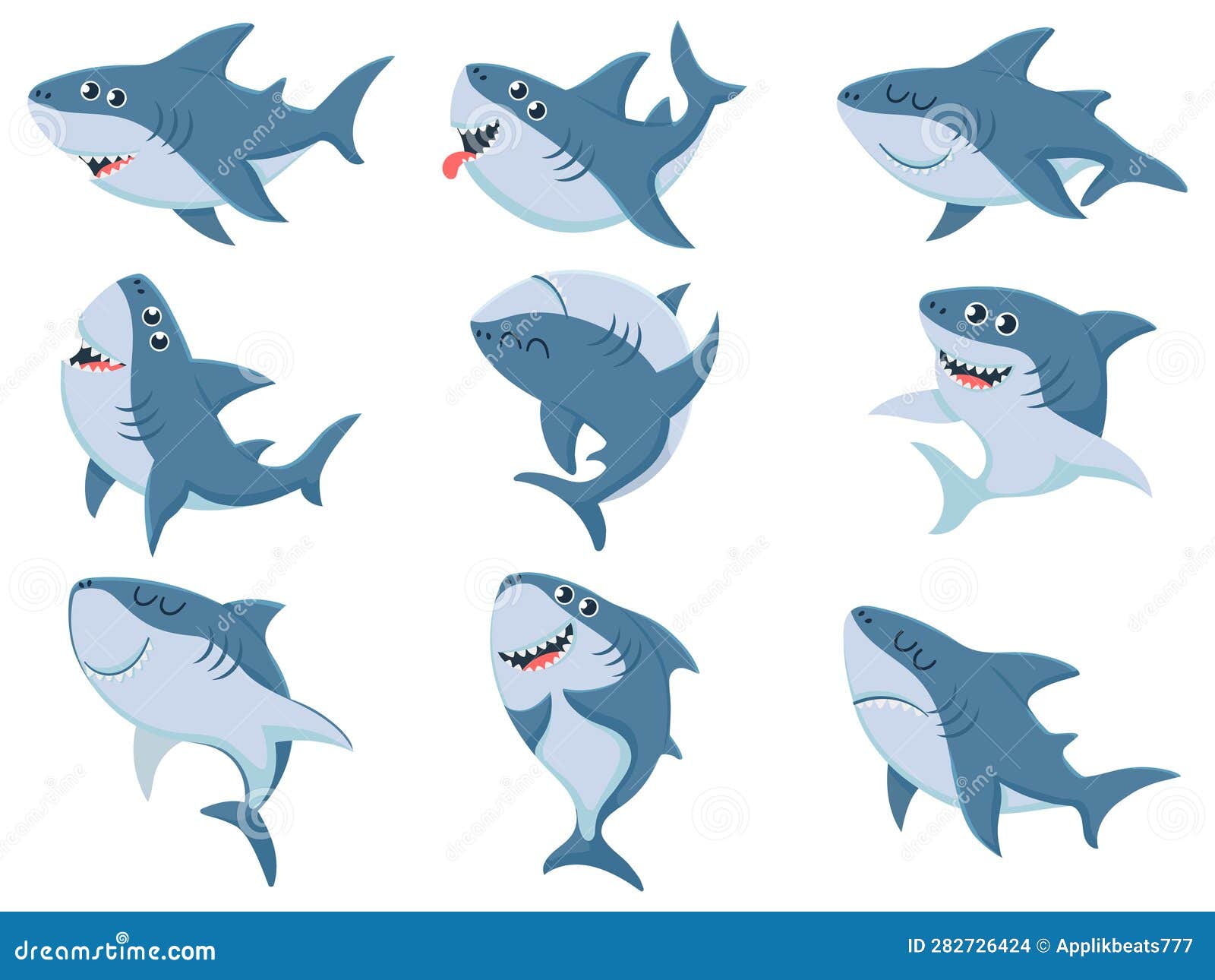 Cartoon Sharks. Comic Shark Animals, Scary Jaws and Ocean Swimming ...