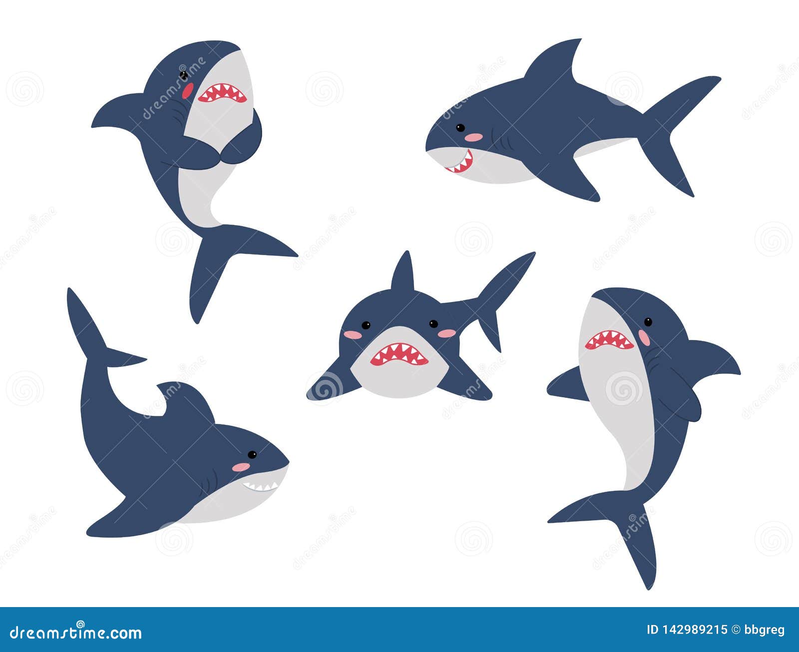 Cartoon Sharks In Different Poses Collection Set Isolated Vector