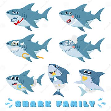 Cartoon Sharks Family. Newborn Baby Shark, Comic Marine Father and ...