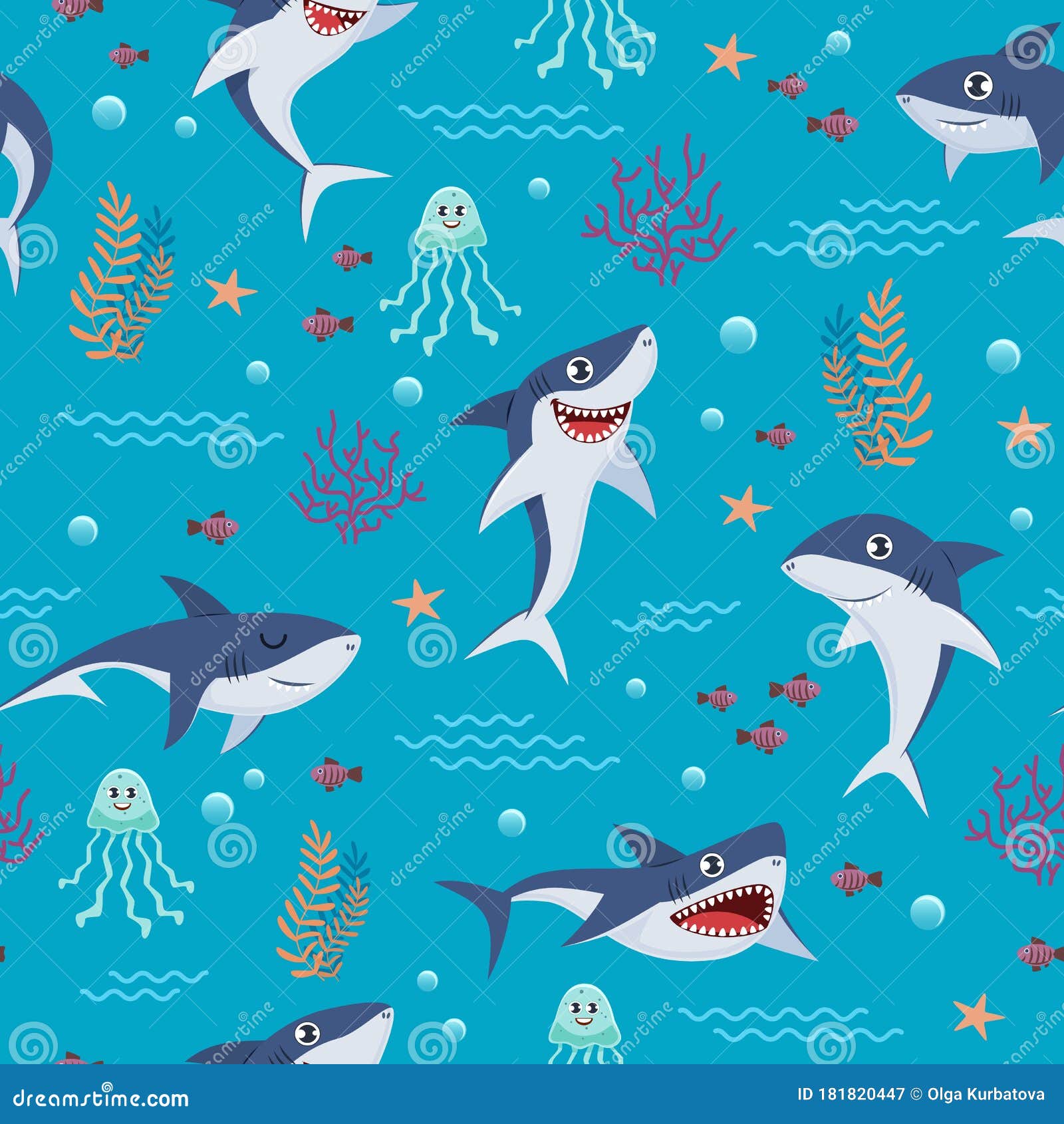 Cartoon Sharks Pattern. Seamless Background with Cute Marine Fishes,  Smiling Shark Characters and Sea Underwater World Stock Vector -  Illustration of cute, beach: 181820447